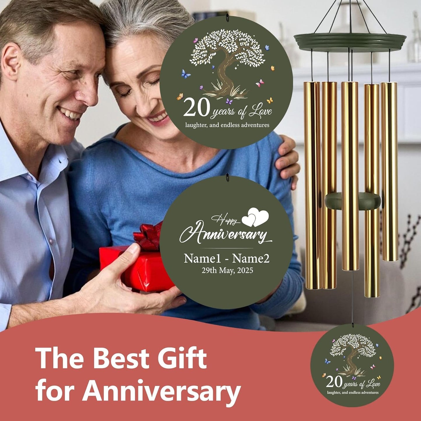 ASTARIN 20th Wind Chimes for Couple, Personalized Wind Chimes for Anniversary, Couple Gifts for Keepsake, Deep Tone Windchime Romantic Gift for Women Men