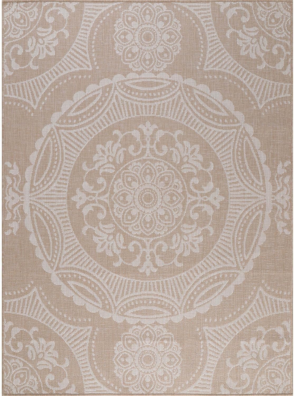 Medallion Outdoor Rug 9x12 Washable Outside Carpet for Indoor Patio Porch Waterproof Easy Cleaning Non Shedding Area Rugs Beige 9 x 12