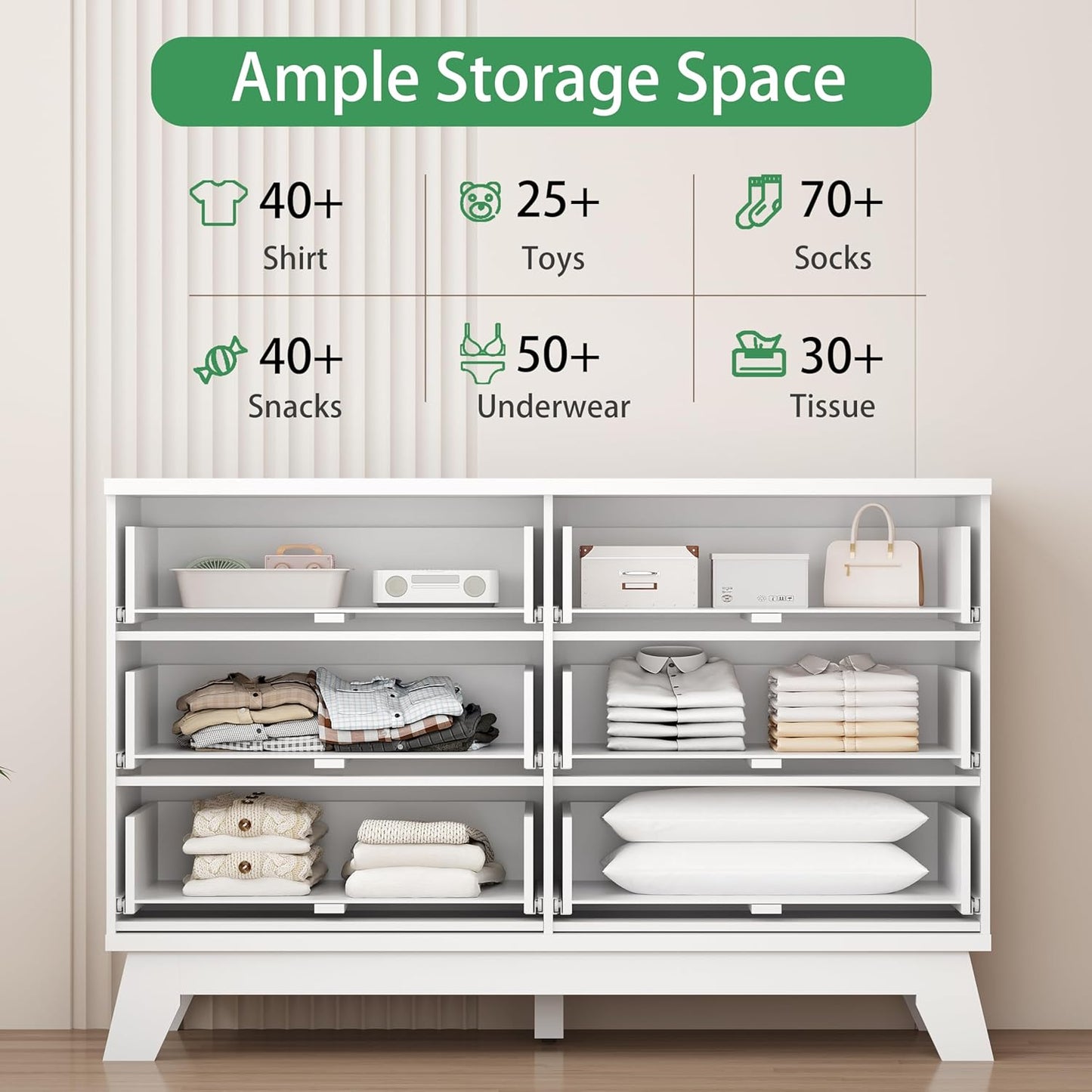 Fluted Dresser for Bedroom with 6 Drawers, 48" Wide Modern Chest of Drawers with Metal Handle, Wooden Dresser TV Stand, Wood Closet Clothes Storage Drawer Organizer for Living Room, Hallway, White