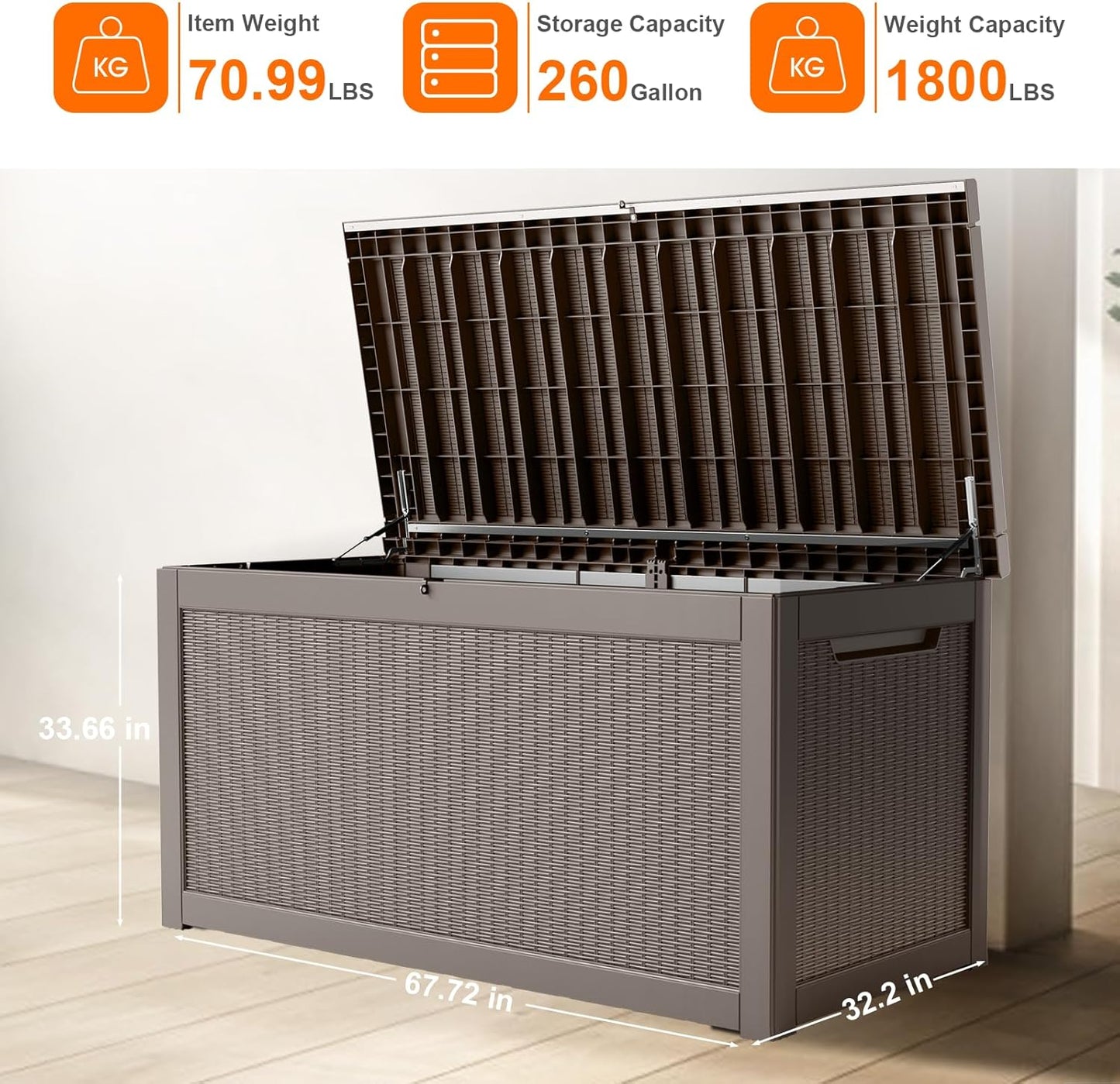 260 Gallon Resin Deck Box, Lockable Patio Outdoor Storage Box for Furniture, Garden Tools and Tools Storage, Waterproof Outside Storage Boxes - Grey