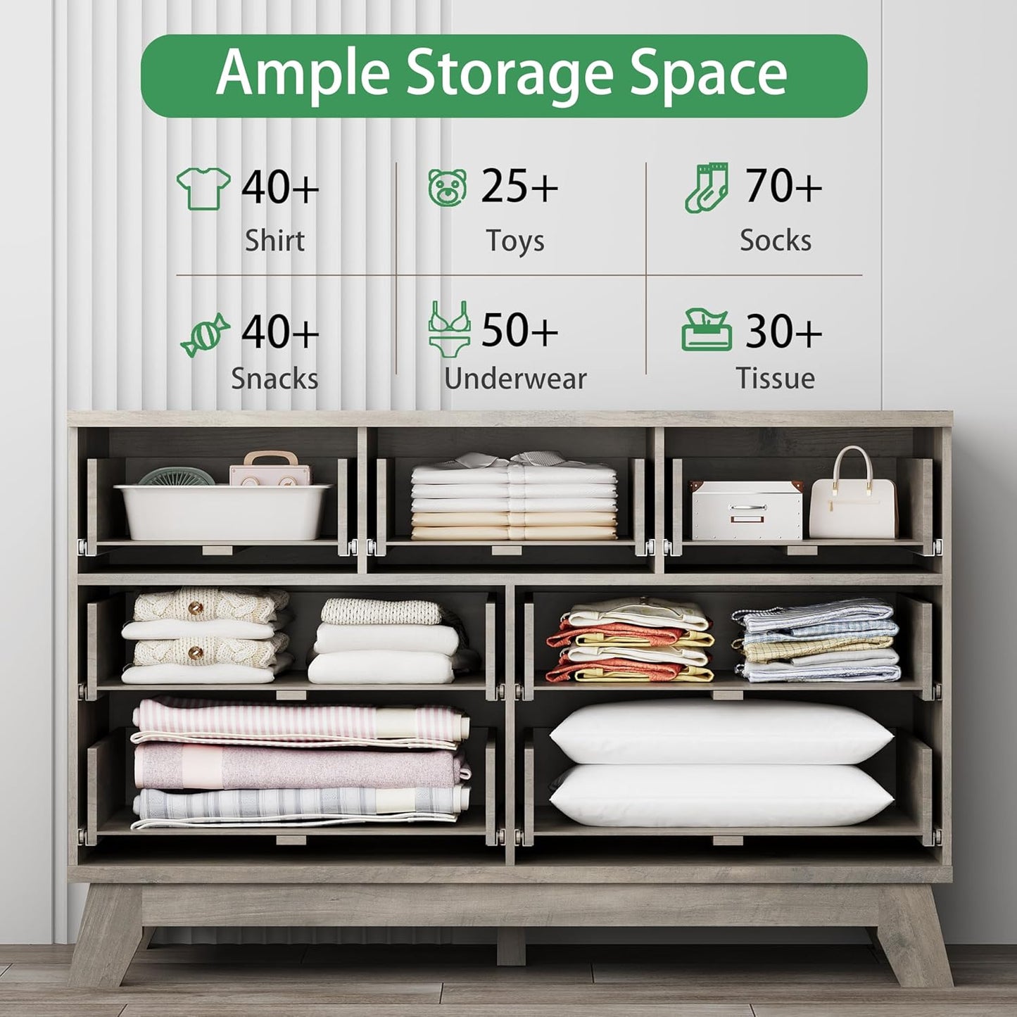 Fluted Dresser for Bedroom with 7 Drawers, 48" Wide Modern Chest of Drawers with Metal Handle, Wood Dresser TV Stand, Wooden Closet Clothes Storage Organizer for Living Room, Hallway, Grey