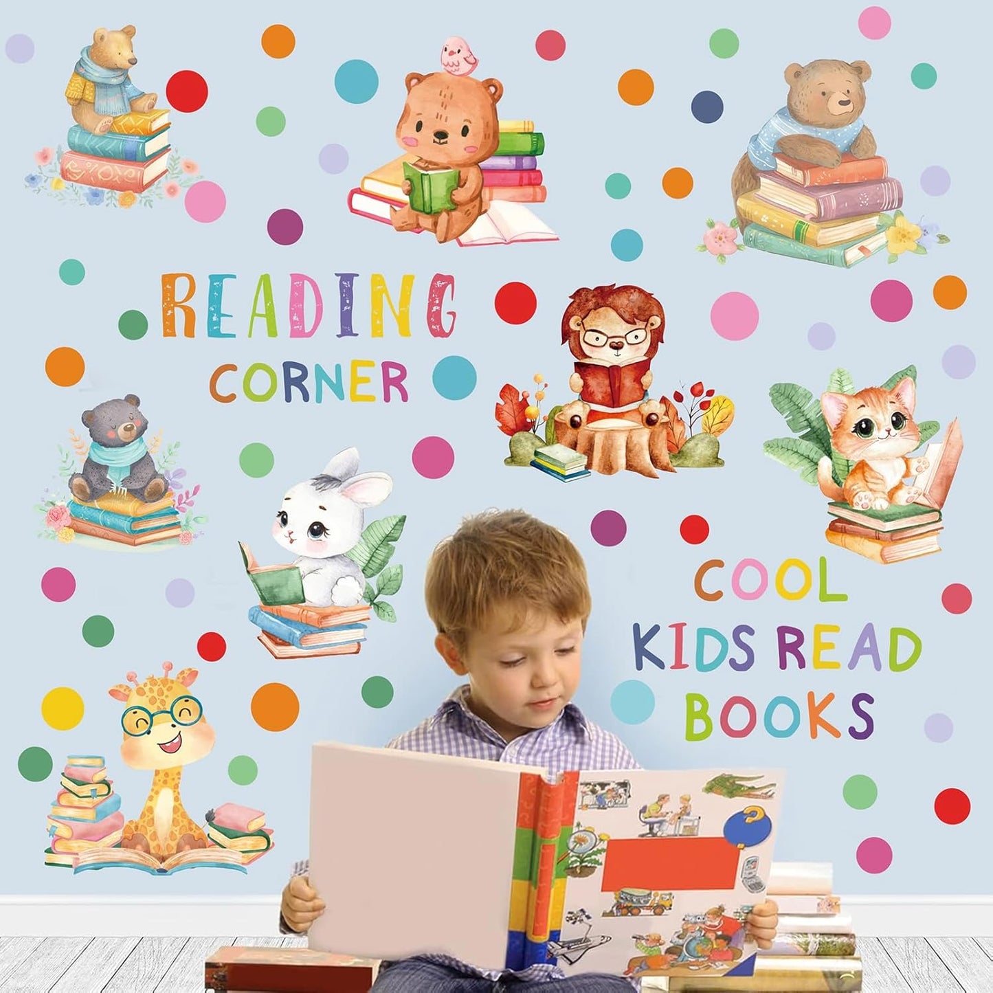 Reading Corner Decor,Reading Books Wall Decals,Learning Study Wall Stickers,Cartoon Animals Window Decals,Giraffe Bear Rabbit Read Books Stickers for Toddler Nursery Bedroom Classroom School