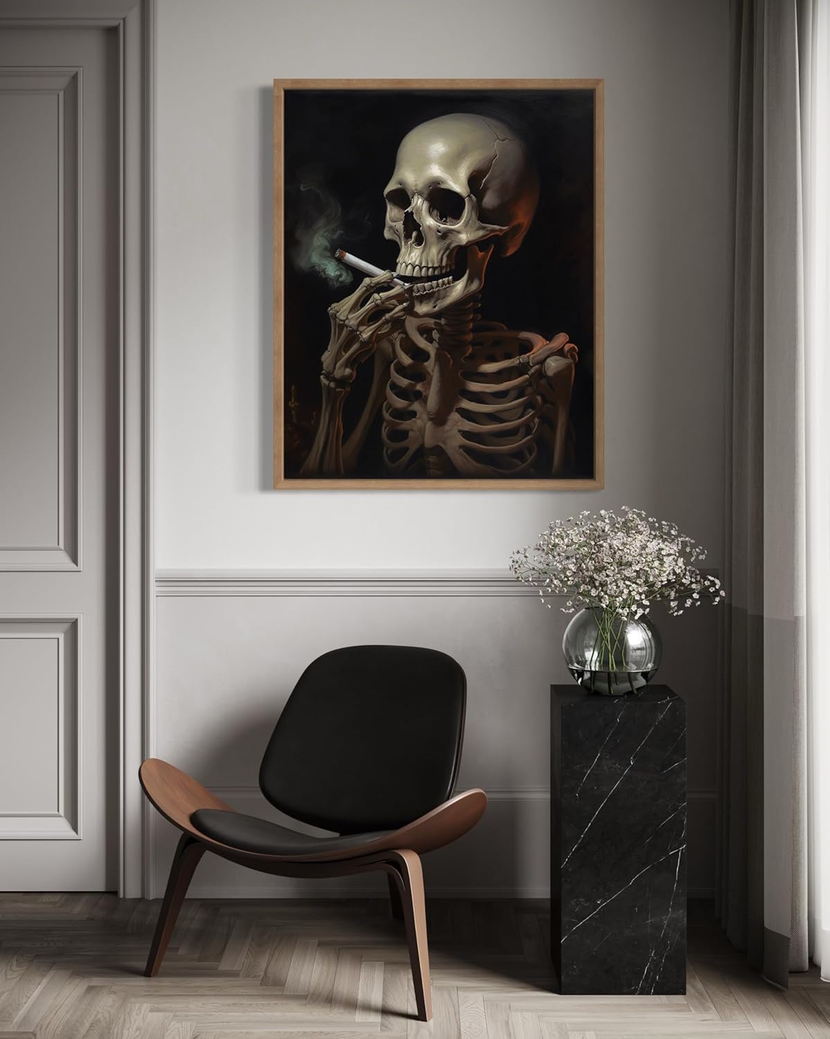 Skull Smoking Ciggarettes Poster Art Print, Halloween Scary Vintage Wall Art Academia Spooky Painting Decoration for Horror Prints, Gothic Posters Bedroom Decor 89 (Skull Smoking Ciggarettes, 11 x 14 inches, Wood Frame)