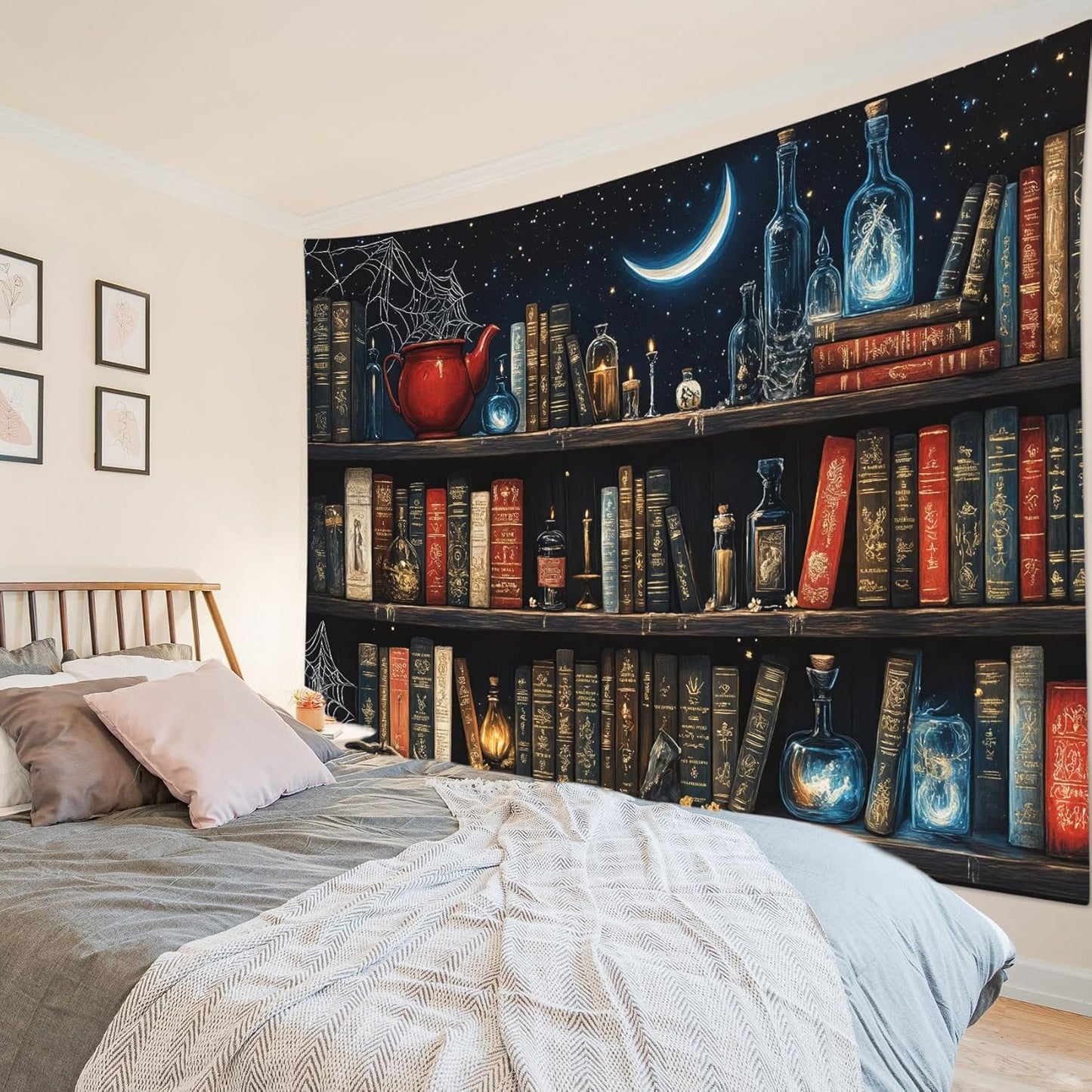 LB Fantasy Bookshelf Tapestry, Horror Spider and Vintage Book with Moon Wall Tapestry for Bedroom Aesthetic, Trippy Galaxy Wall Art for Living Room Dorm Home Decor Ready to Hanging, 92.5 x 70.9 Inches