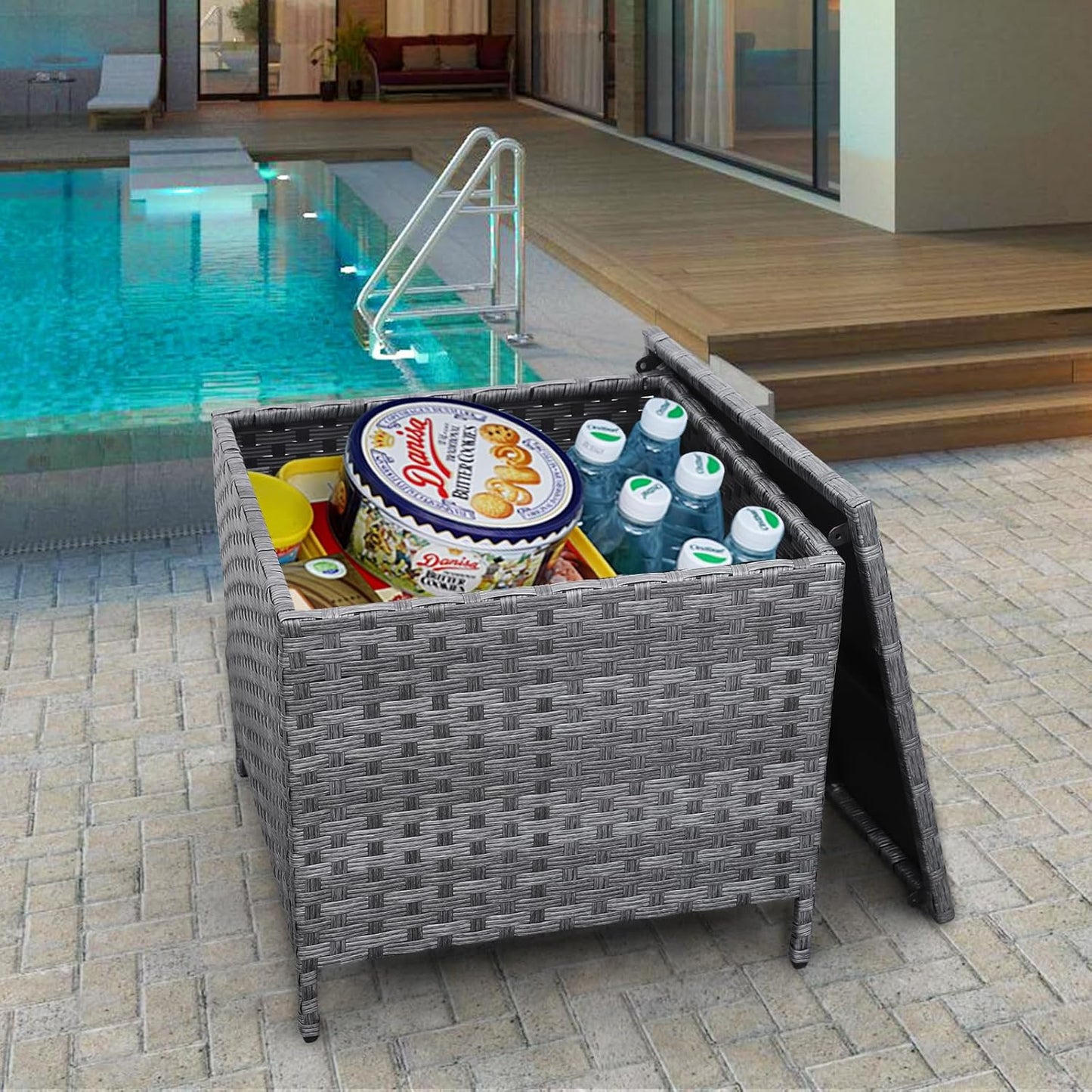 Outdoor Wicker Storage Side Table, Patio Grey PE Rattan End Table with Storage, Square Container for Furniture Covers, Toys, and Gardening Tools