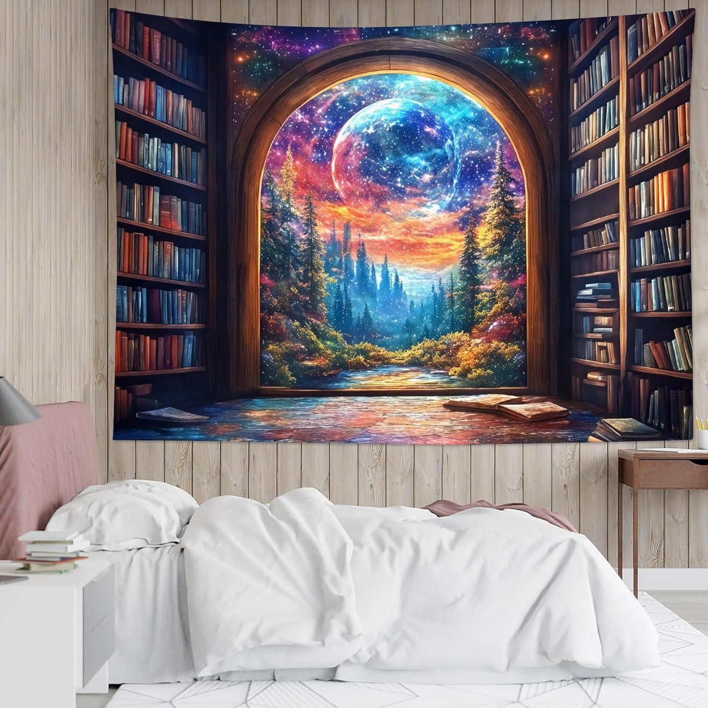 LB Fantasy Bookshelf Moon Tapestry, Trippy Tree and Vintage Library in Forest Wall Tapestry for Bedroom, Galaxy Cool Wall Art for Living Room Dorm Classroom Home Decor Ready to Hanging, 59 x 51 Inches