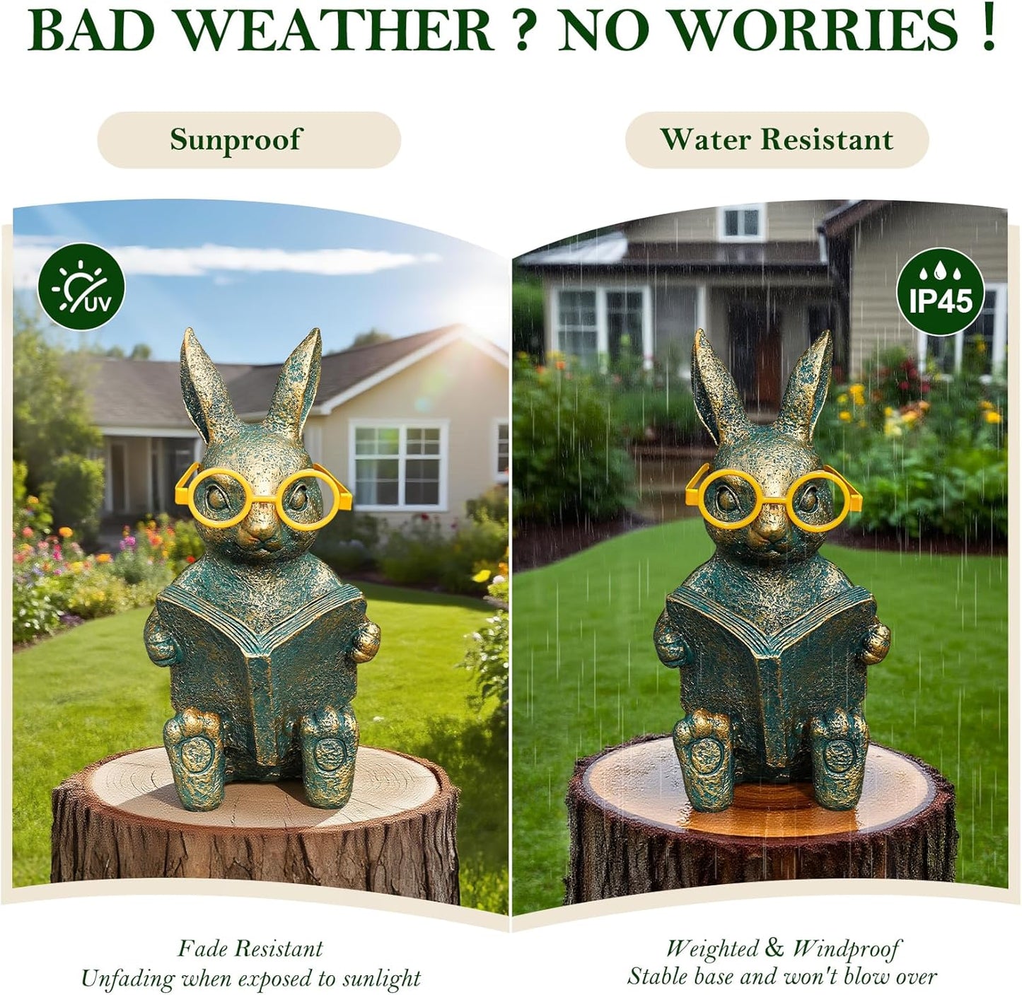 Solar Garden Decor, Adorable Rabbit Statue with Solar-Powered Glasses, Outdoor Decoration Lights for Patio, Yard & Balcony, for Kids, Mom & Grandma