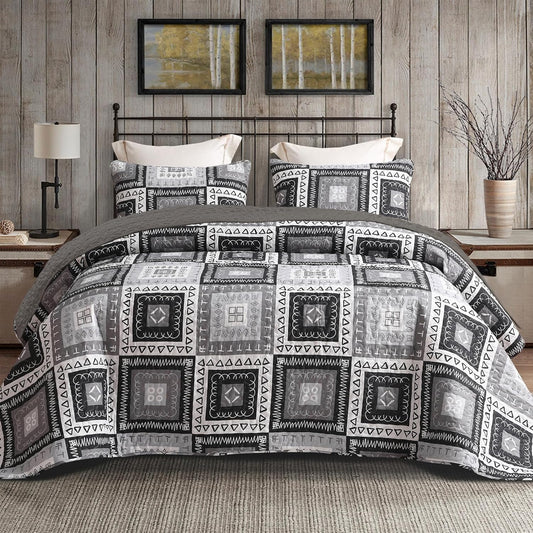 Exclusivo Mezcla Reversible Boho Quilt Set Twin Size, 2 Pieces Patchwork Black All Season Bedspreads, Ultra Soft Floral Coverlet Bedding Set with Printed Pattern (1 Quilt, 1 Pillow Sham)