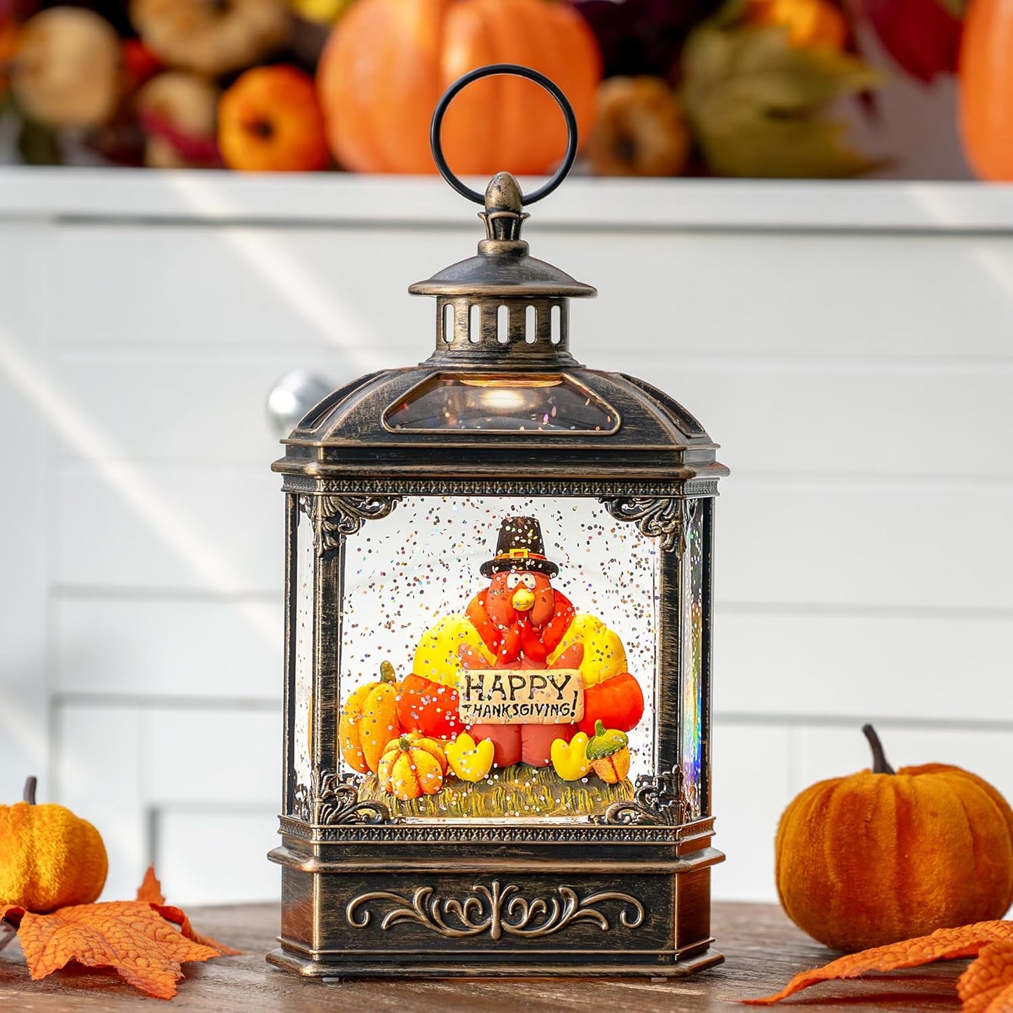 10.5'' Fall Snow Globe Lantern - Thanksgiving Glittering Lighted Water Lantern, Fall Decorations Autumn Harvest Day Gifts, Home Fall Halloween Decor (Turkey & Pumpkins)