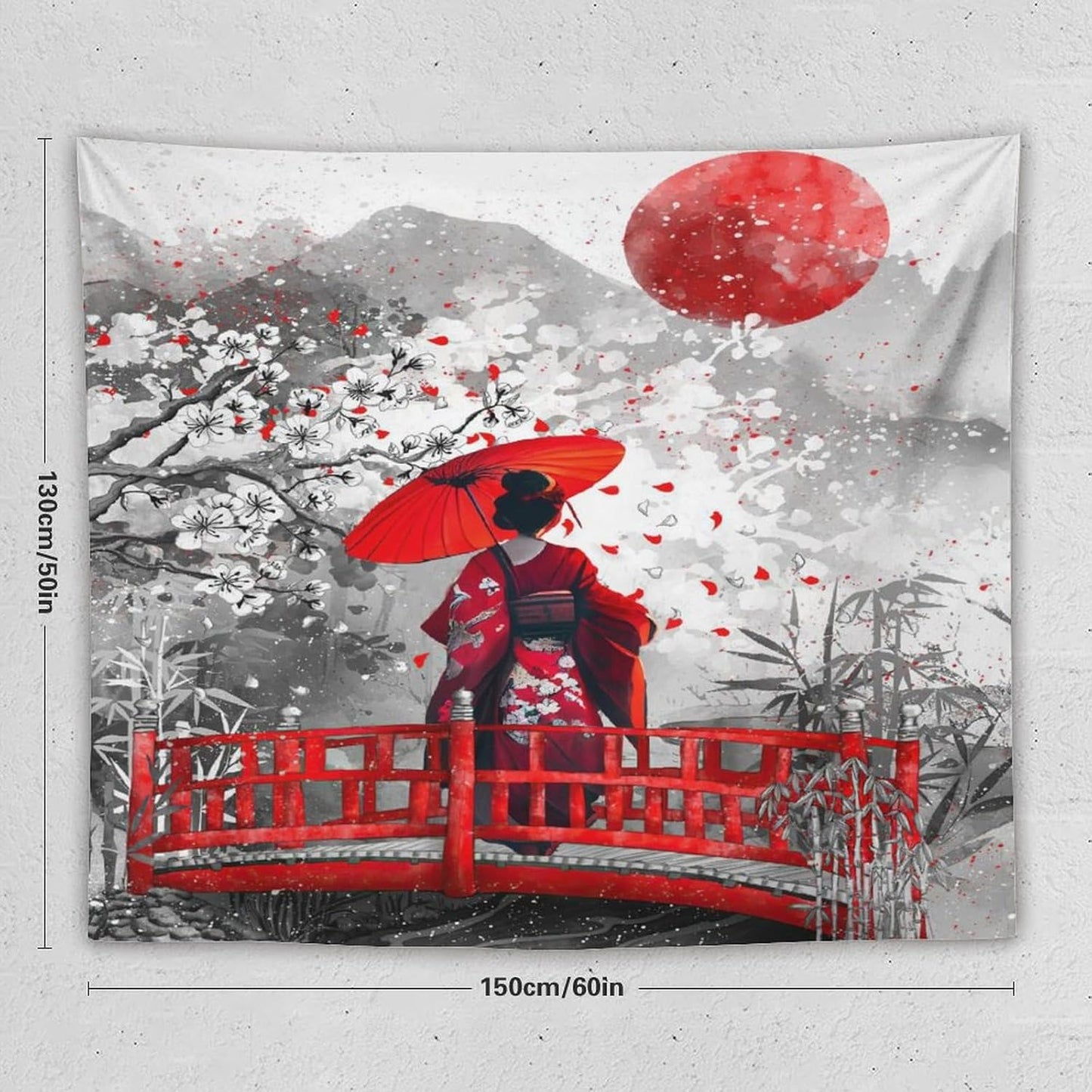 Japanese Red Geisha Tapestry Asian Cherry Blossom Red Sun Traditional Kimono Folk Tapestries Home Decor for Living Room Bedroom Apartment Farmhouse Dorm 60"x50"