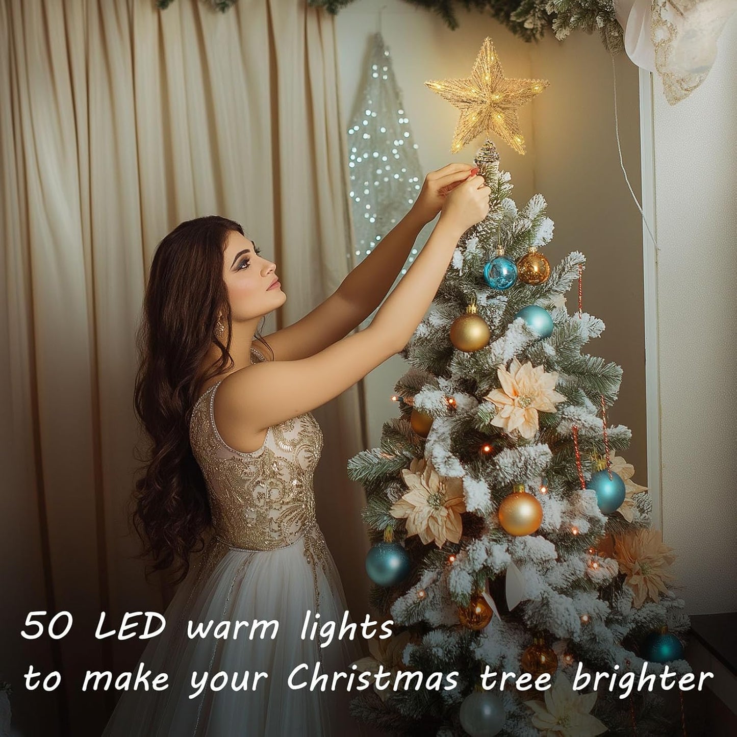 Gold Christmas Tree Topper Star with 50 Warm LED Lights 8 Lighting Modes Timer, Tradition Glitter Star Tree Topper for Christmas Tree Decorations and Xmas Holiday Seasonal Decor