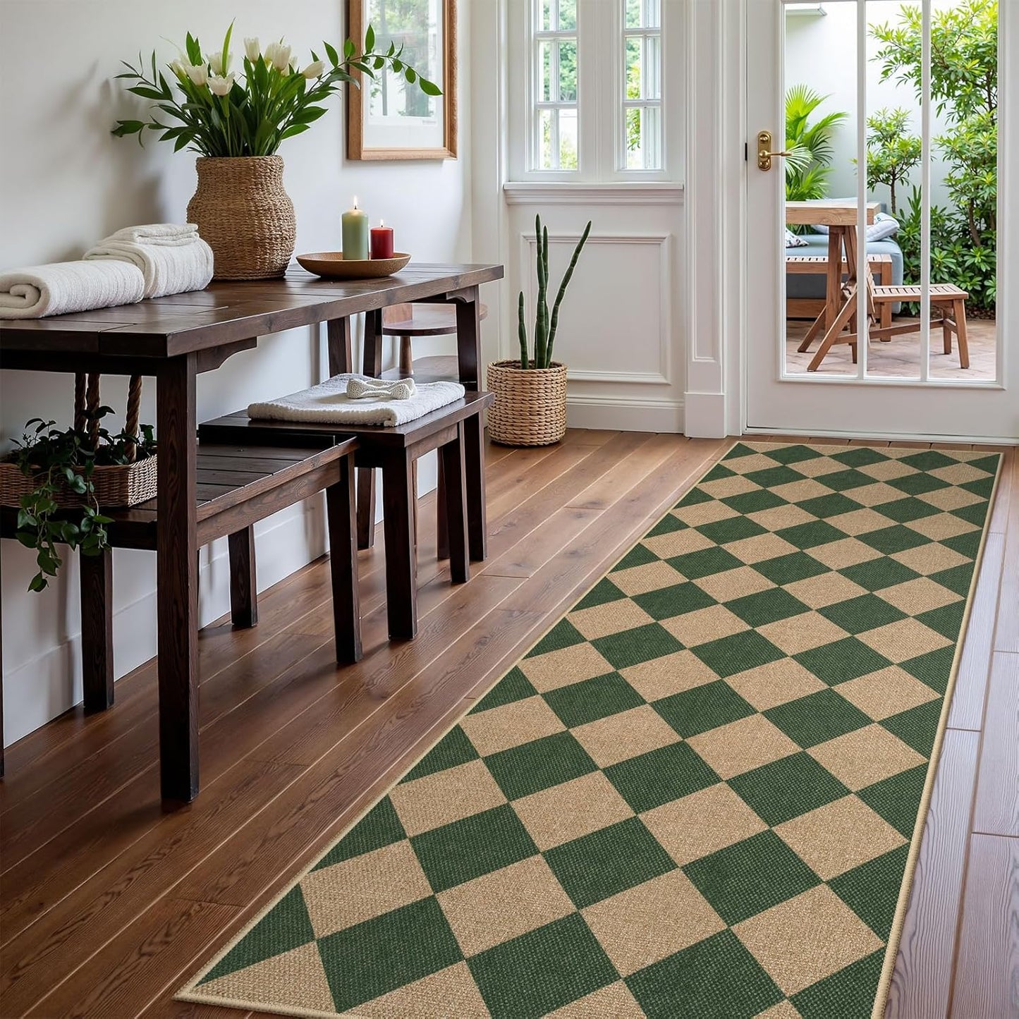 Lahome Checkered Kitchen Runner, 2x8 Easy Jute Runner Rug for Hallway Entryway, Farmhouse Indoor Outdoor Non Slip Non Shedding Green Carpet for Laundry Bedroom Porch Corridor