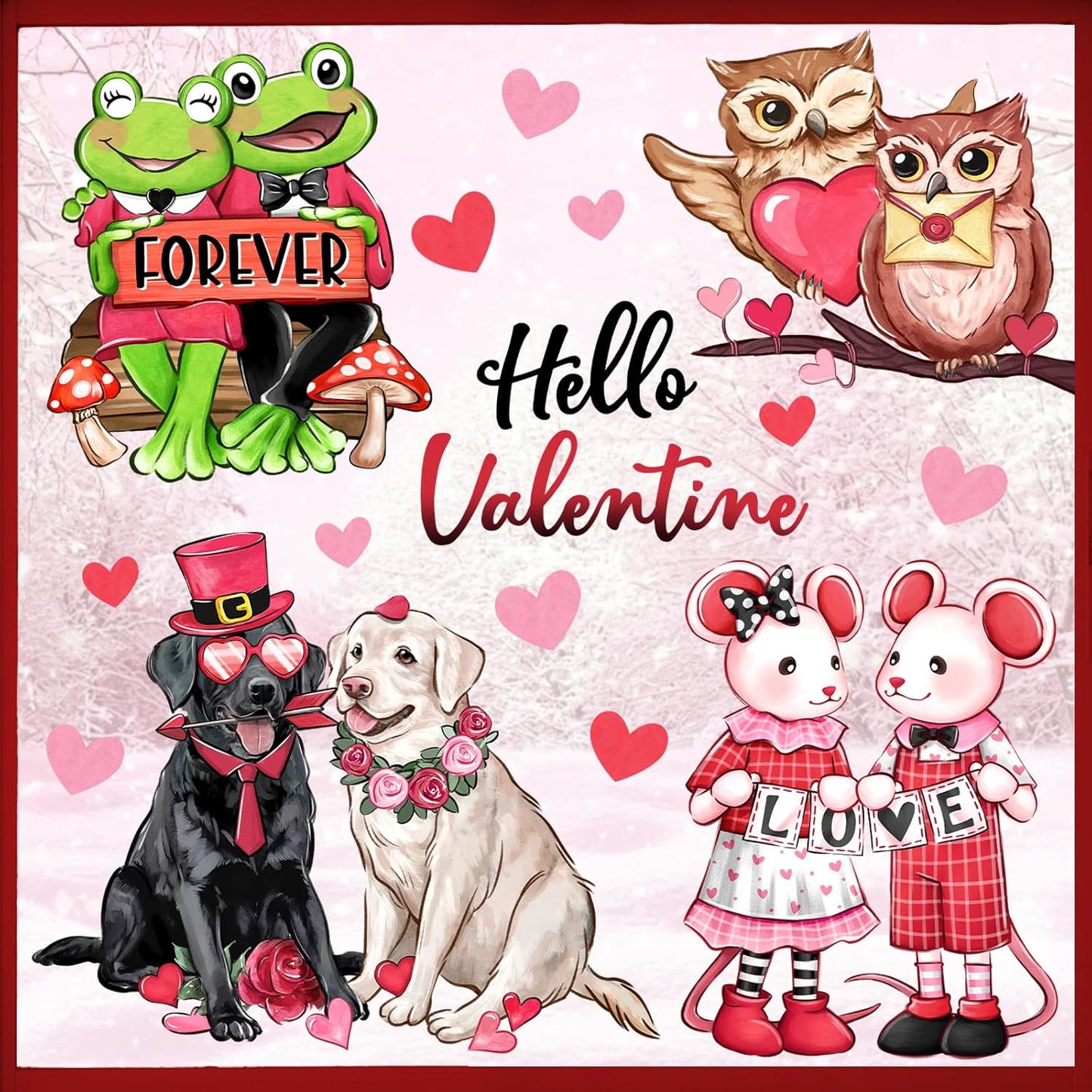 Mfault Valentines Day Animals Window Clings 4 Sheets, Hello Valentine Labrador Dog Frog Cartoon Mouse Owl Stickers Decals Decorations, Love Hearts Anniversary Wedding Home Kitchen Decor Party Supplies