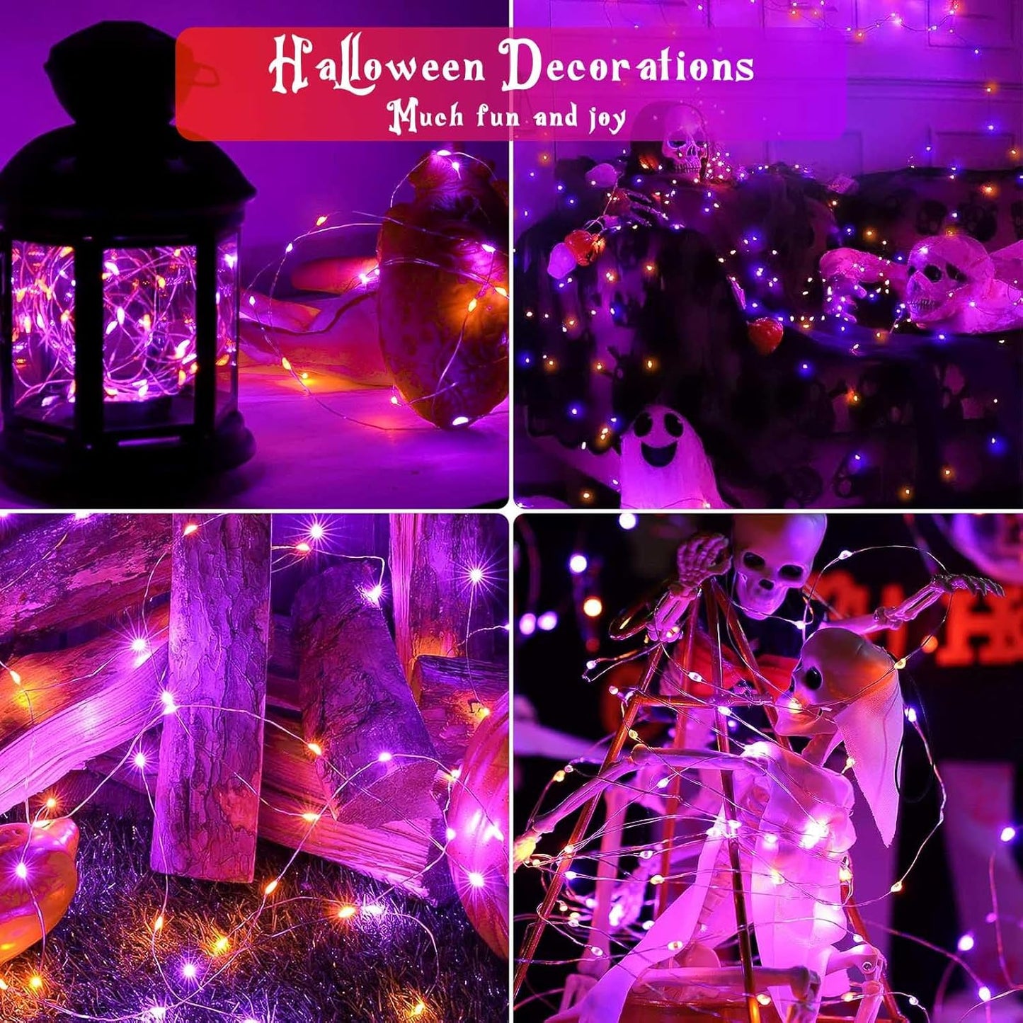 4-Pack 50 LED Orange and Purple Fairy Lights Battery Operated with Timer, 16FT Waterproof Starry Halloween String Lights Outdoor Indoor for Bedroom Wedding Birthday Halloween Horror Parties Decoration