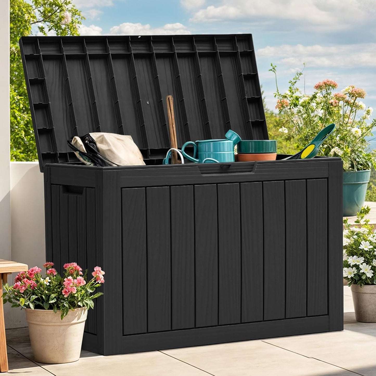 YITAHOME 45 Gallon Deck Box, Outdoor Storage Box for Patio Cushions, Outdoor Tools, Gardening Tools, Sports Equipment, and Throw Pillows, Lockable and Waterproof, Black