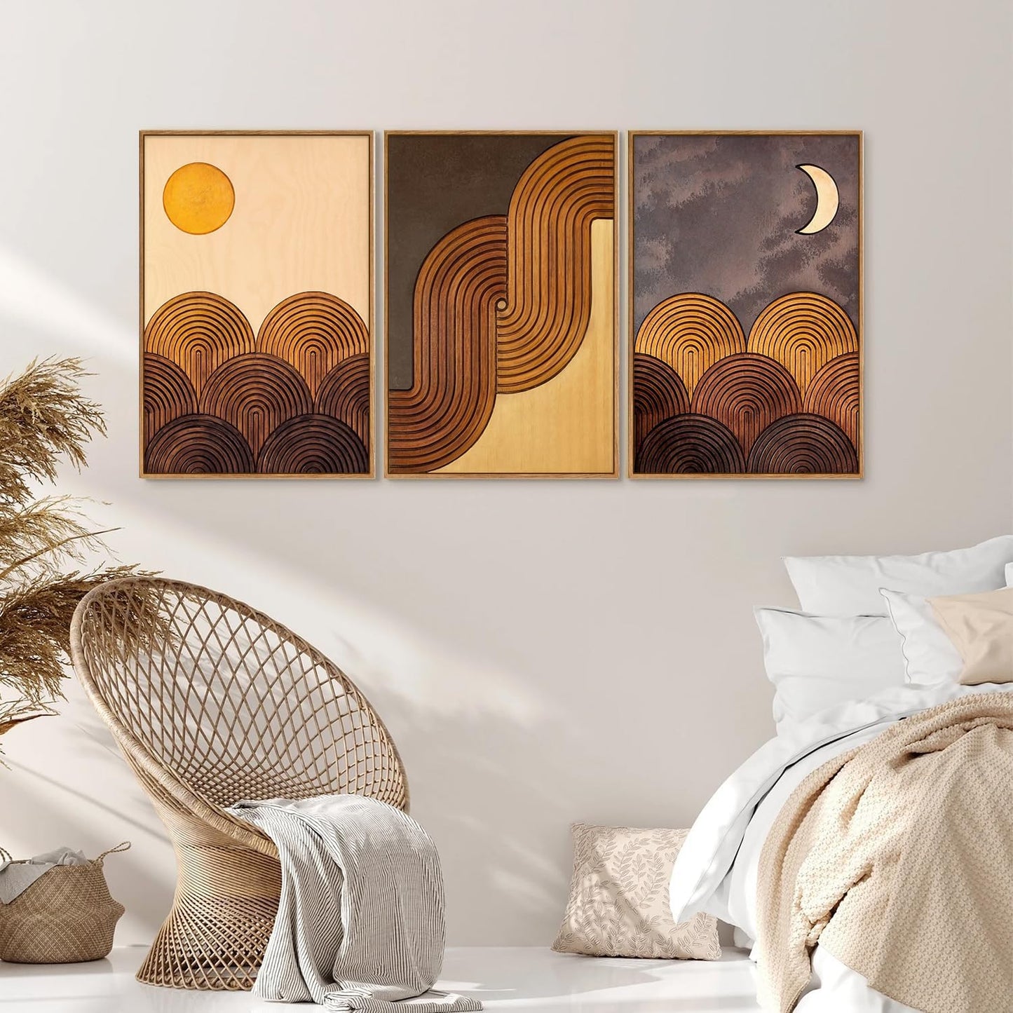Tinonedraw Boho Mountain Framed Canvas Wall Art Set, Mid Century Modern Geometric Line Wall Decor, Bohemian Sun and Moon Art Paintings, Beige Brown Wooden Artwork for Living Room Bedroom Office 16"x24"x3