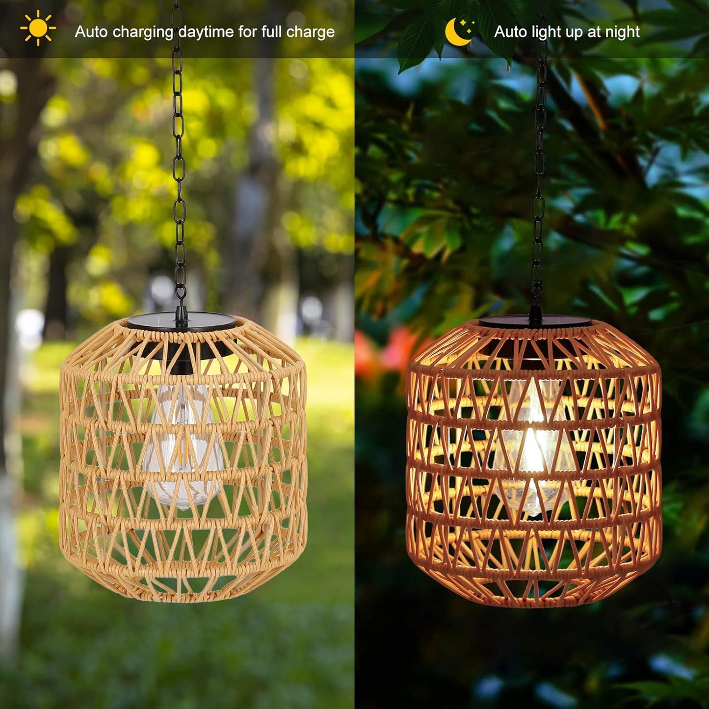 Livinlarge Solar Pendant Light Outdoor,Chandelier Hanging Lantern with Edison Bulb,Boho Solar Powered Lamps IP44 Waterproof for Gazebo Tree Porch Yard Porch Patio Garden Backyard Decorative
