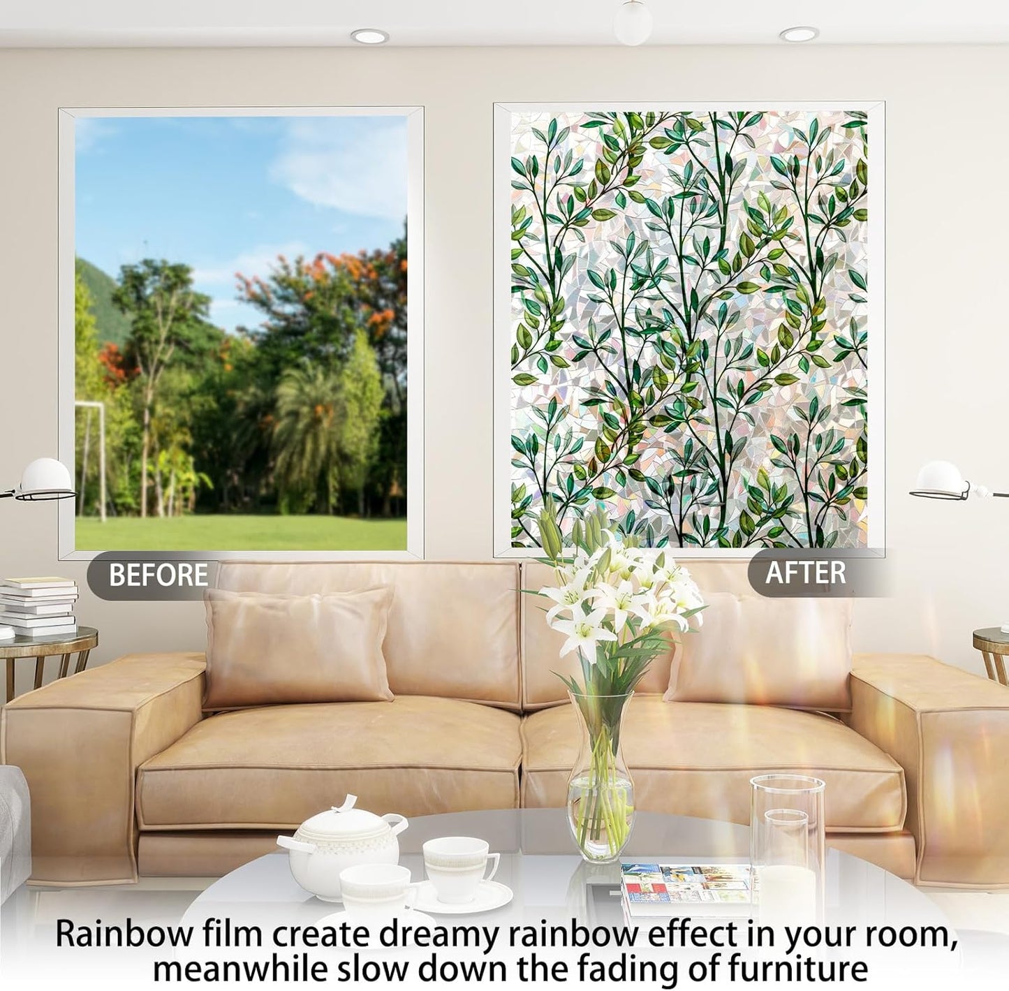 Rainbow Window Privacy Film 3D Leaf Decorative Stained Glass Window Film Anti UV Non-Adhesive Reusable 17.5" x 78.7" for Home Room Car Glass Cling