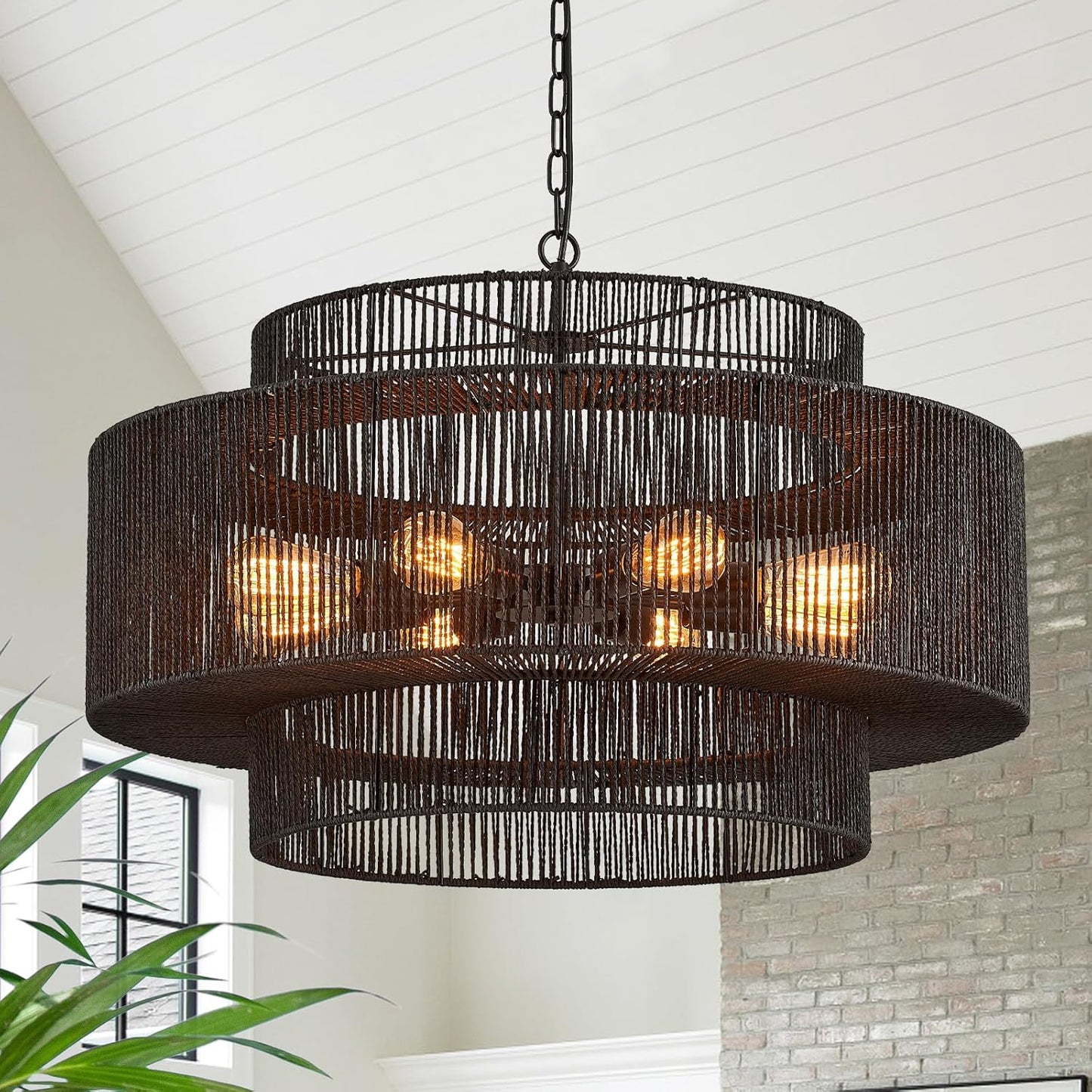 30" Large Hand-Woven Rattan 8-Light Farmhouse Boho Bamboo Chandeliers Light Fixture Retro 3-Tier Drum Wicker Rattan Black Chandelier for Dining Room, Kitchen Island, Bedroom