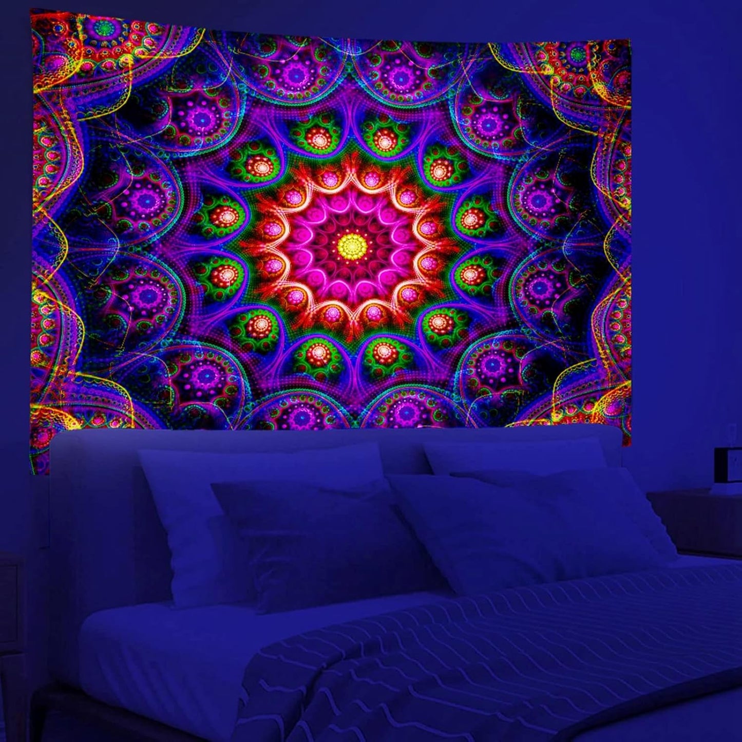 Blacklight Trippy Mandala Tapestry, Boho Black Light Posters for Adults UV Reactive Room Decor for Bedroom Wall (40 x 30 Inches)