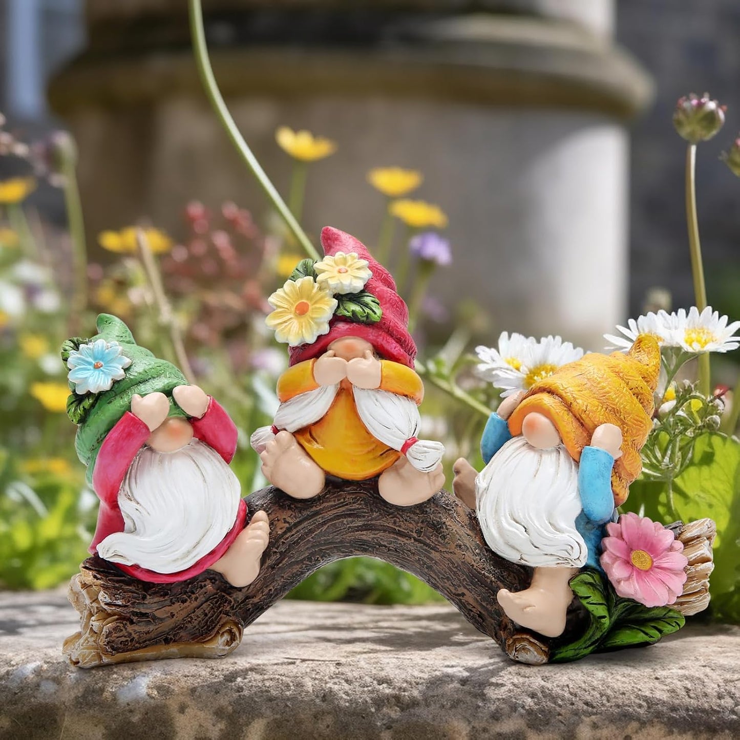 Hodao Spring Hear-No, See-No, Speak-No Gnomes Figurines Decorations Outdoor Flower Gnome Ornaments Decor for Home Table, Garden Yard, Flower Bed Summer Garden Gifts Decor for Mom
