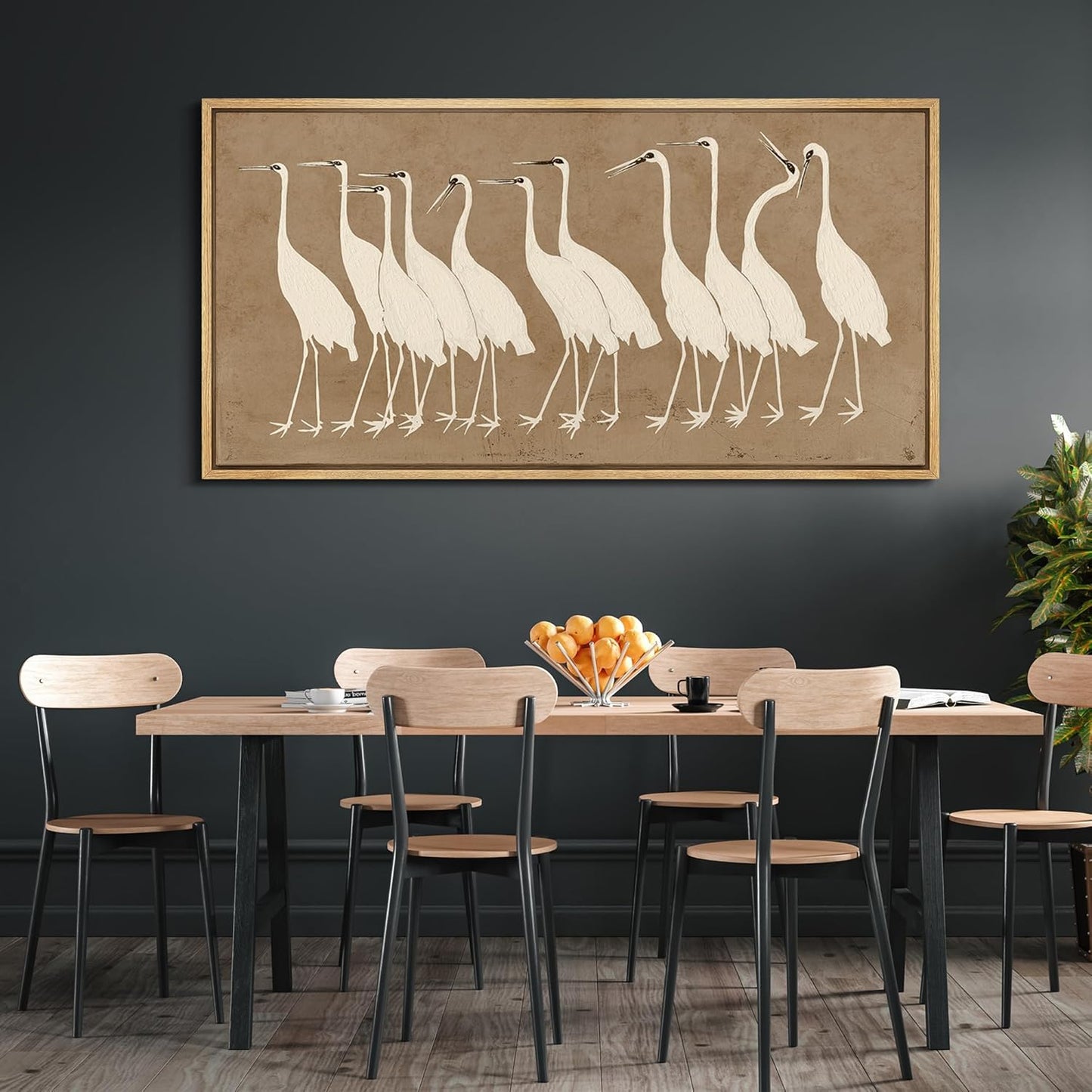 MUDECOR Extra Large Framed Canvas Print Wall Art Minimalist White Cranes on Beige Background Antique Retro Fine Art Illustrations Decorative Colorful for Bedroom - 60"x30"