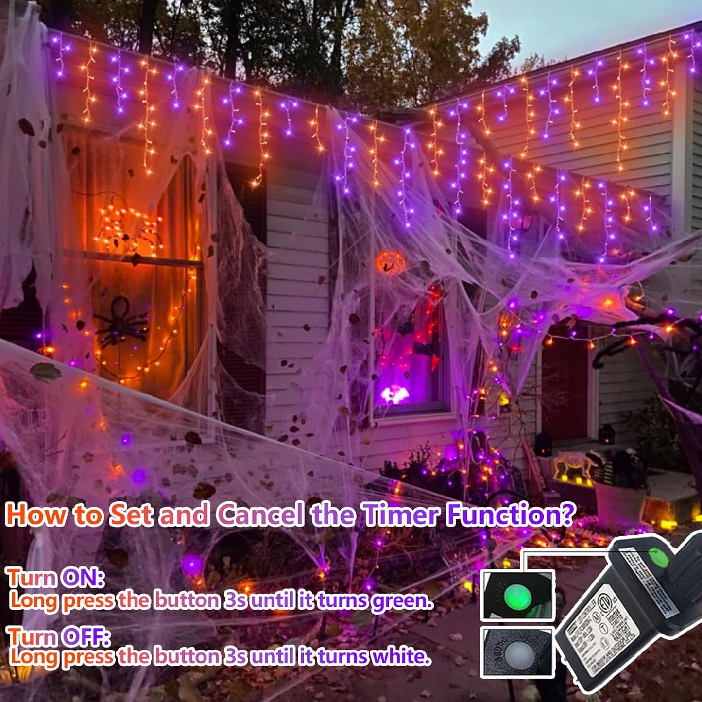 YEGUO 66ft 800 LED Orange and Purple Icicle Halloween Lights, 160 Drops Icicle Lights Connectable, 8 Modes Icicle Christmas Light with Memory Timer