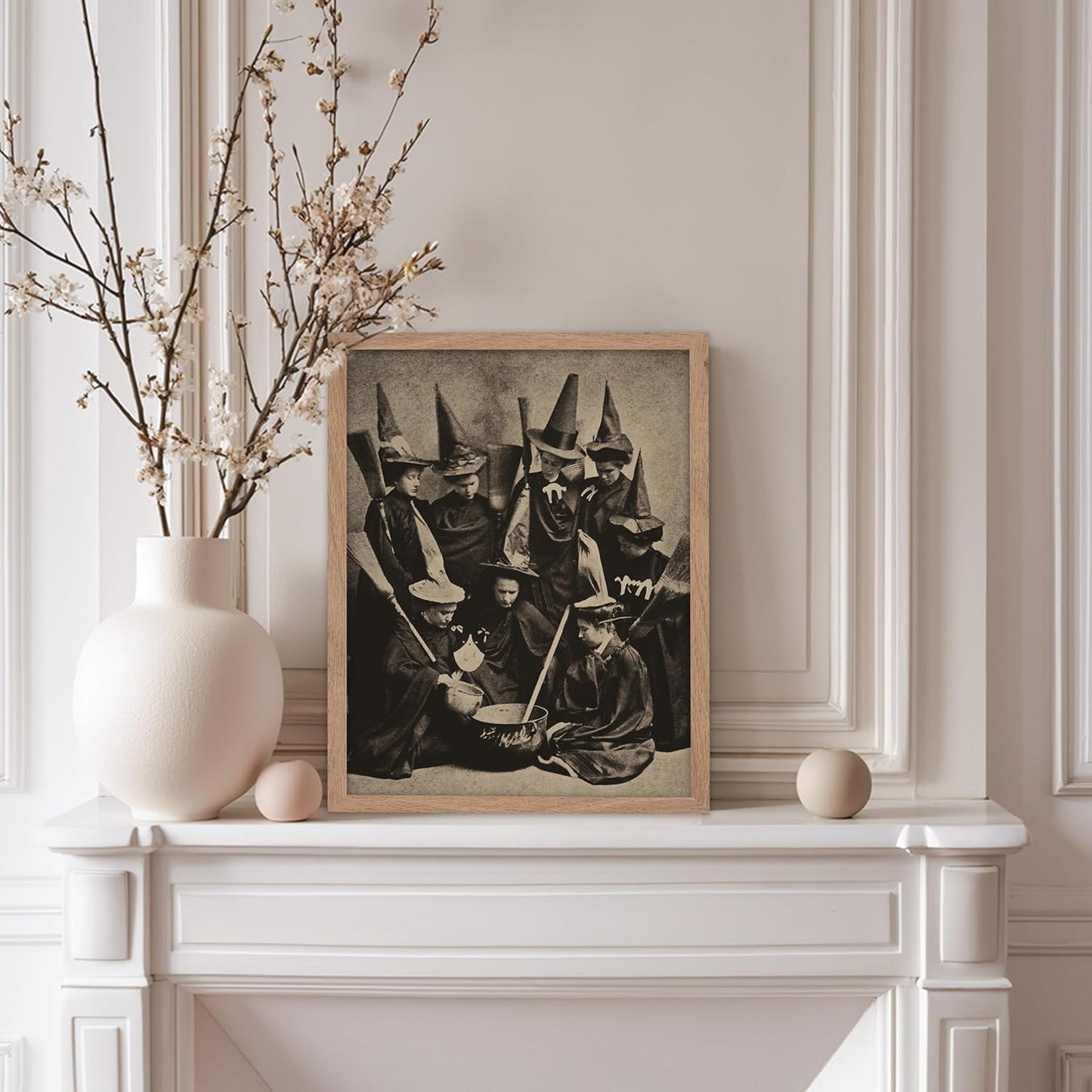 Poster Master Vintage Photograph Poster - Retro Halloween Print - Gift for Artist, Friend - Witches Cooking, Pointy Hats, Broomsticks, Black Magic - Wall Decor for Bedroom, 11x14 Beige Framed