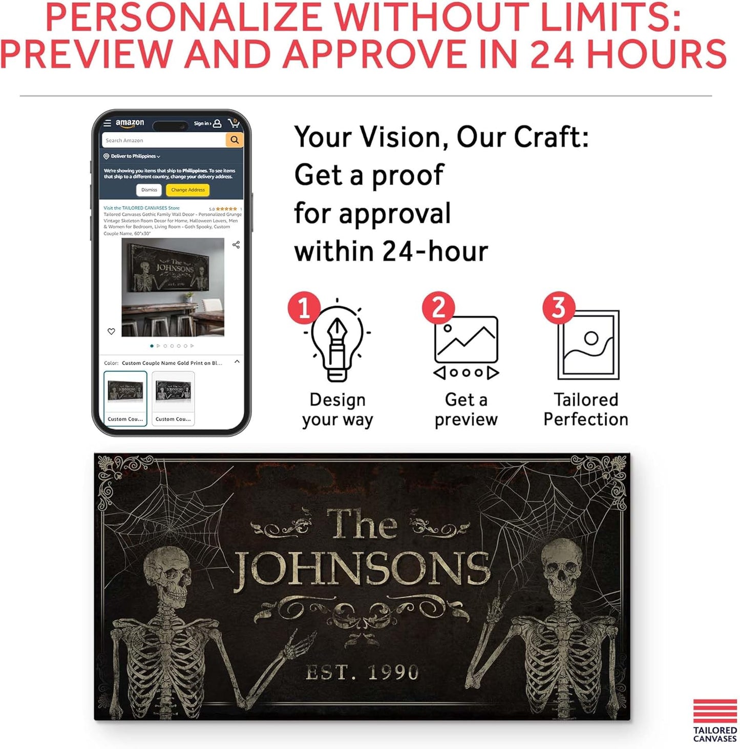 Tailored Canvases Gothic Family Wall Decor - Personalized Grunge Vintage Skeleton Room Decor for Home, Halloween Lovers, Men & Women for Bedroom, Living Room - Goth Spooky, Custom Couple Name, 48"x24"