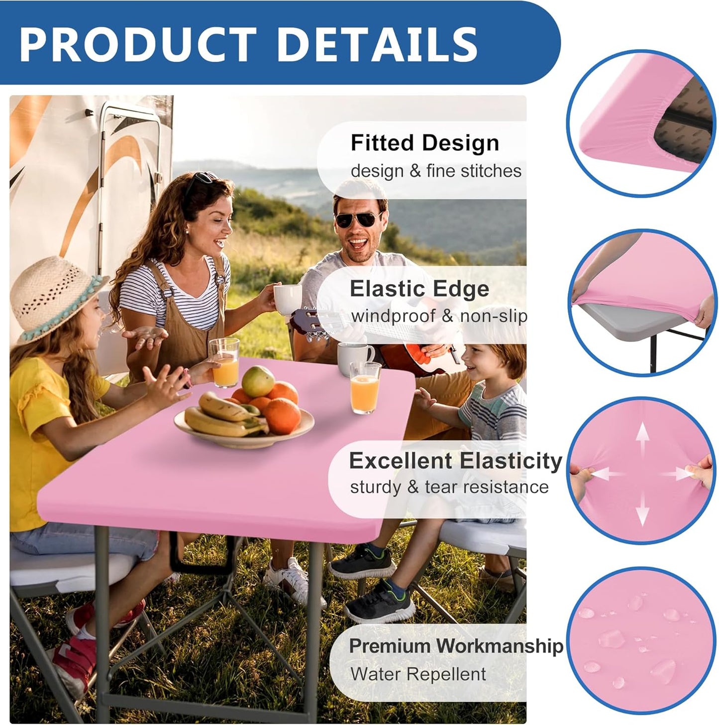 Fitted Tablecloth for 8 Foot Rectangle Tables-4 Pack Pink Elastic Outdoor Picnic Table Cover-Spandex Stretch Folding Table Cloths 8ft for Camping Dining Room Patio Kitchen Banquet Party