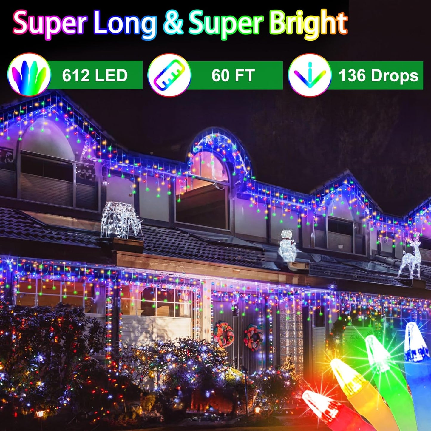 60FT 612 LED Outdoor Christmas Lights - 136 Ice Drops, 12 Pro Modes with Timer Memory & Brightness, Waterproof Hanging Ice String Light for Holiday Wedding Garden Fence House Decor (Multicolor)