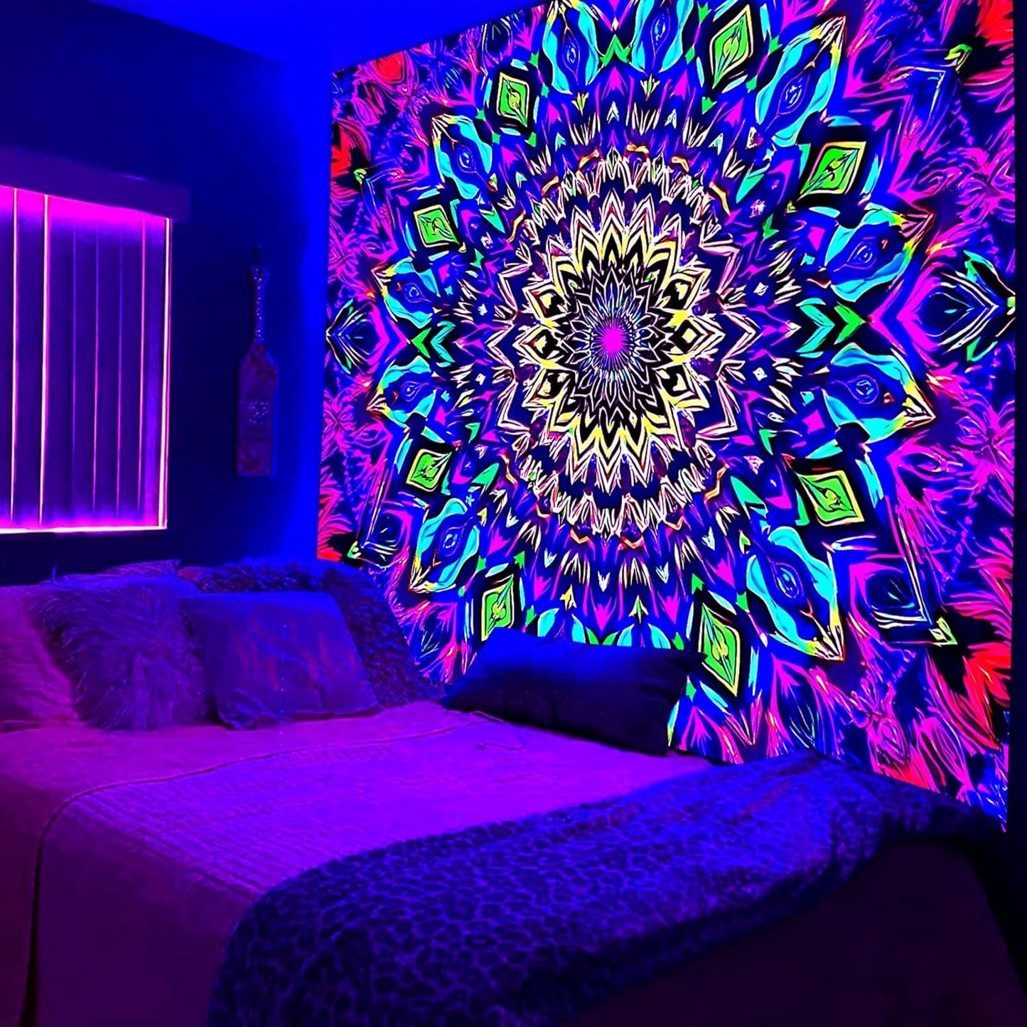 Blacklight Mandala Tapestry for Bedroom, XL Black Light Posters for Adults and Teens, Colorful UV Reactive Aesthetic Bohemian Wall Art Decor (90 x 70 Inches)