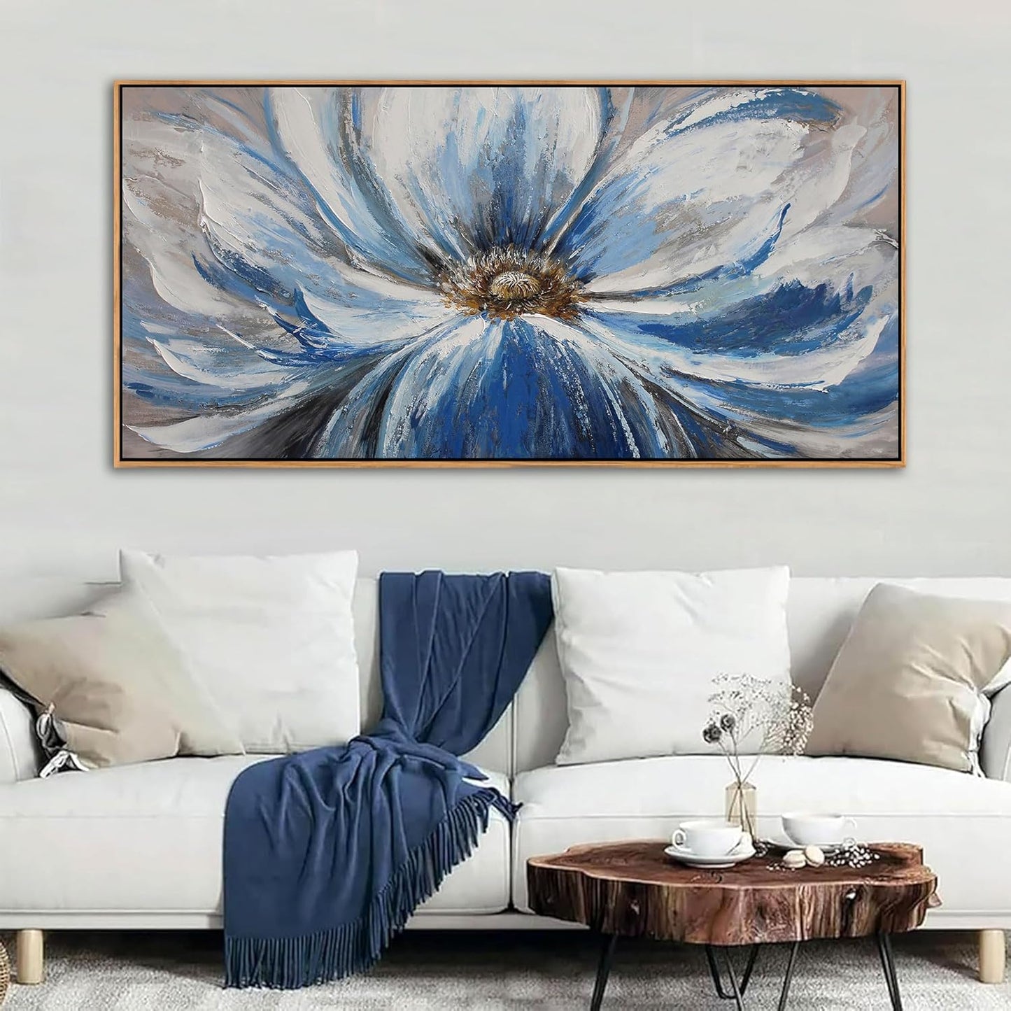 Blue Wall Art for Living Room Large White Flower Picture Wall Decor Canvas Art Wall Artwork Pictures for Bedroom Wall Decor Size 24x48(With Soild Wood Dark Framed)