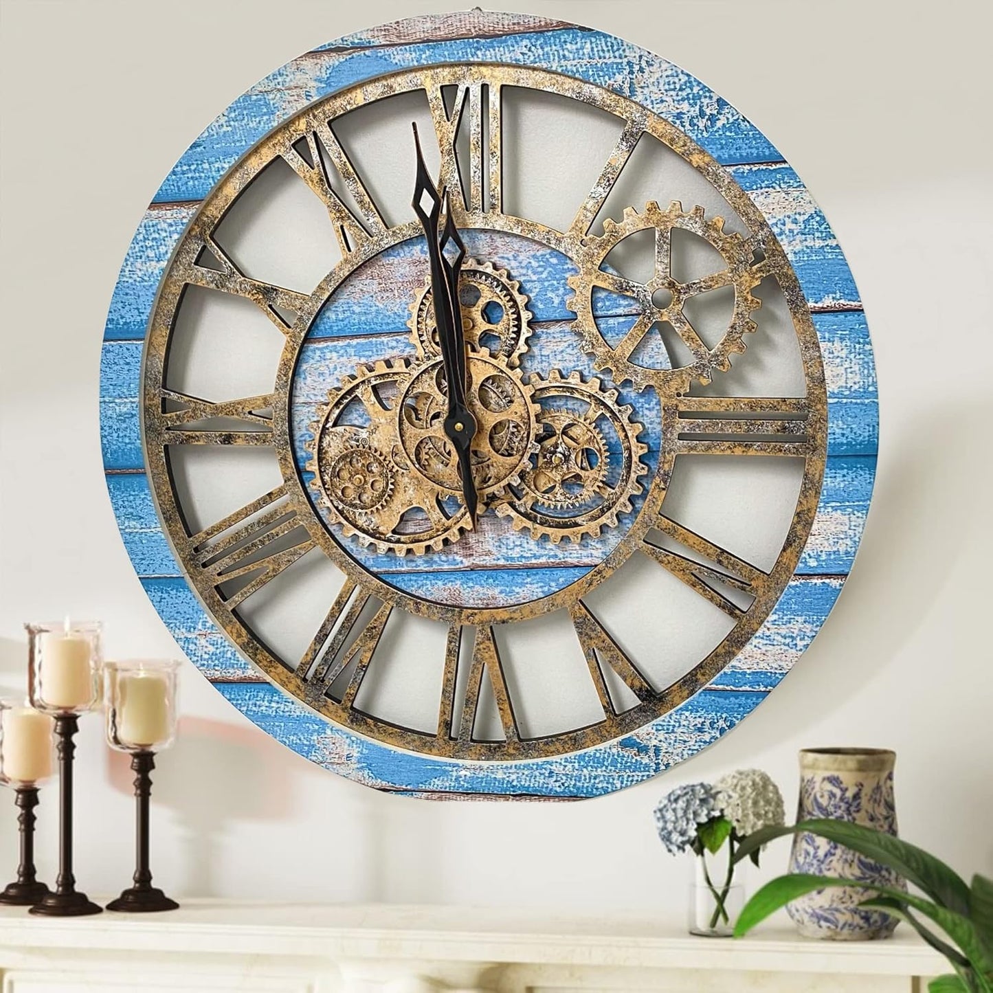 The Gears Clock The Original Real Moving Gear Wall Clock Vintage Industrial Oversized Rustic Farmhouse (24 inch (60cm), Vintage Ocean Blue and Bronze)