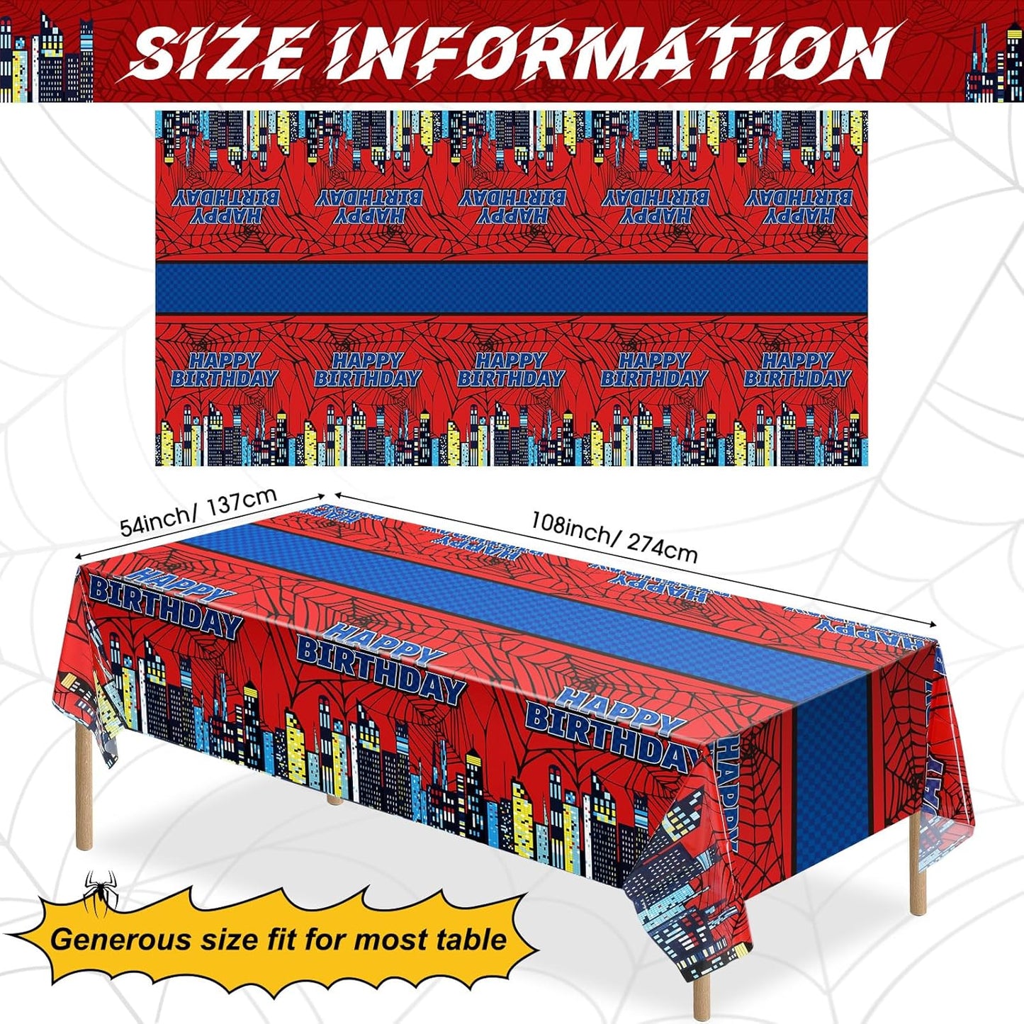 Oudain 3 Pcs Spider Tablecloth 108 x 54 in Red and Blue Plastic Disposable Table Covers City Web Theme Birthday Party Decorations Large Table Cloths for Party Indoor Outdoor (Birthday)