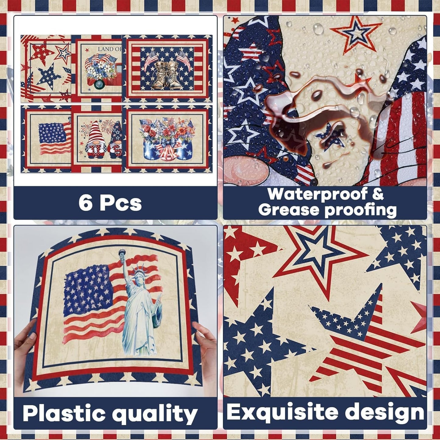 4th of July Placemats Set of 6 Patriotic Plastic Table Mats Independence Memorial Day Vintage America Flag Stars Stripe Place Mats Vinyl Table Decoration for Indoor Outdoor Party Kitchen Dining