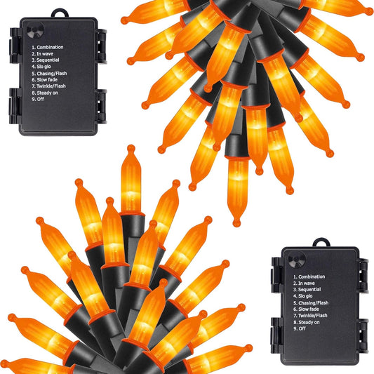 Joliyoou 16 Ft 50 LEDs Halloween Mini String Lights, 8 Lighting Modes Holiday Fairy String Lights with Timer for Indoor Outdoor Decorations, Orange, 2 Pack