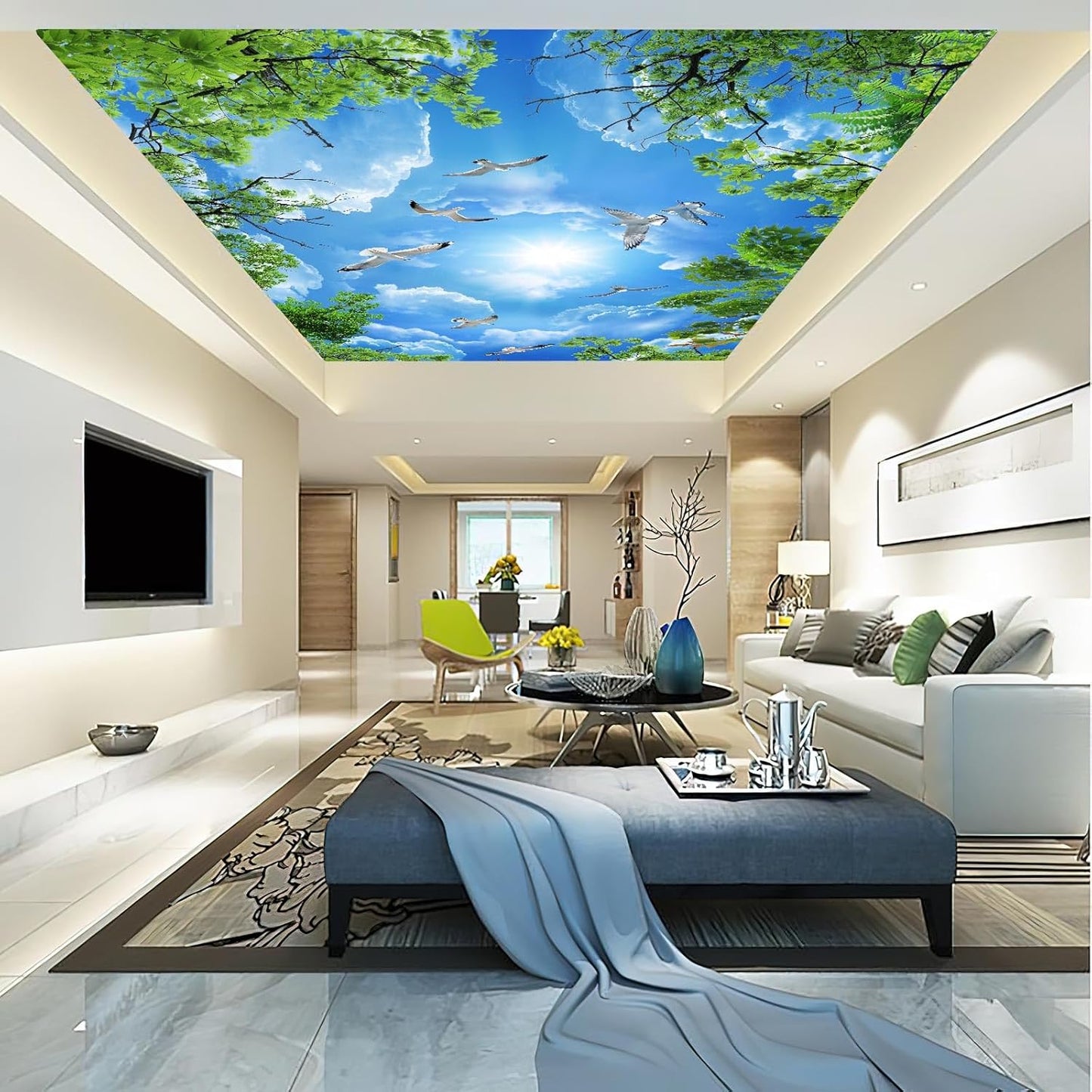 Sky Seagull Green Tree Ceiling 3D Wall Mural Wallpaper 103" x 69"