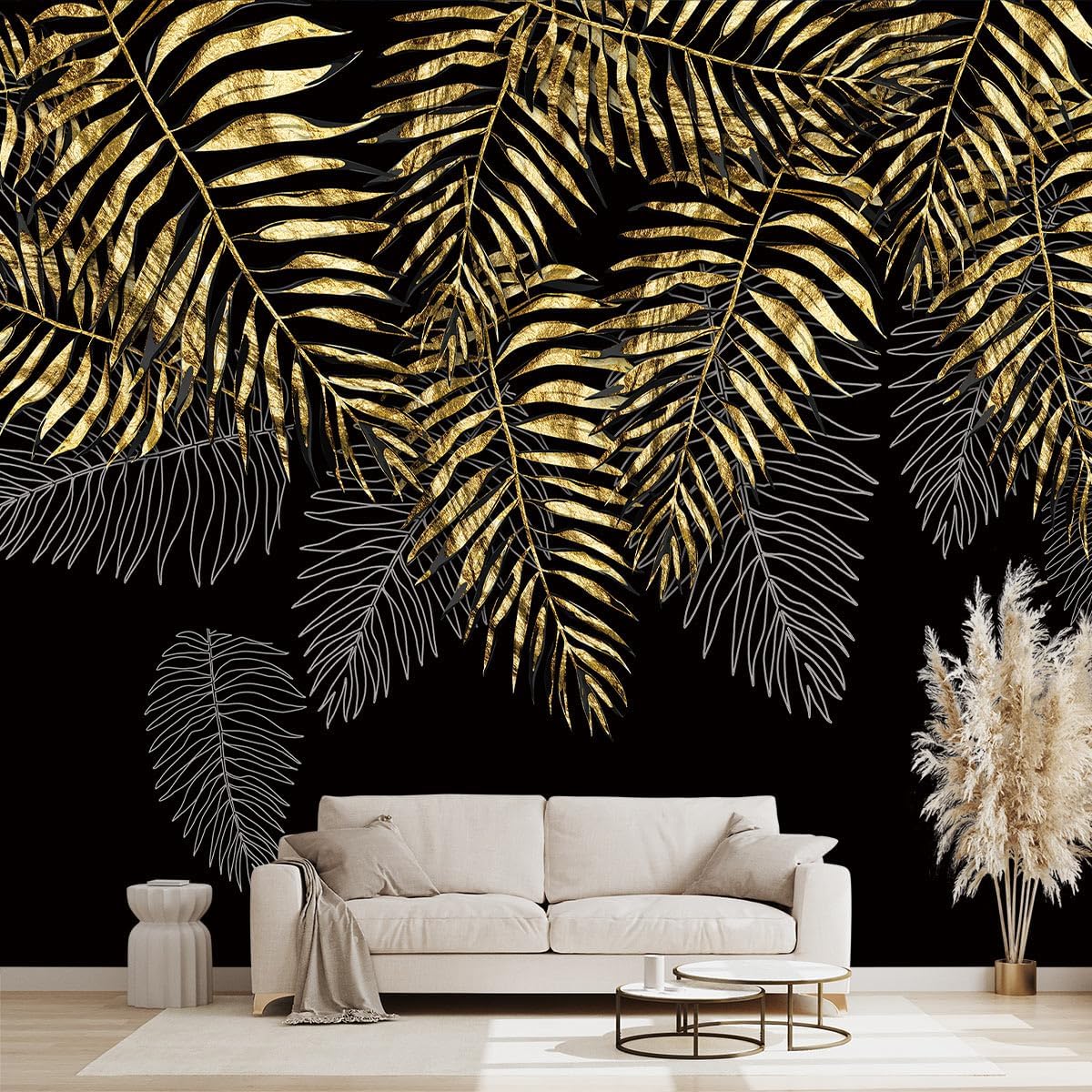 Black and Gold Leaf Mural Bedroom Tropical Botanical Wallpaper Room Plant Decor Living Room tv Background Large Wall Mural - 91"x65" (Not Peel and Stick)