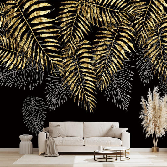 Black and Gold Leaf Mural Bedroom Tropical Botanical Wallpaper Room Plant Decor Living Room tv Background Large Wall Mural - 160"x108" (Not Peel and Stick)