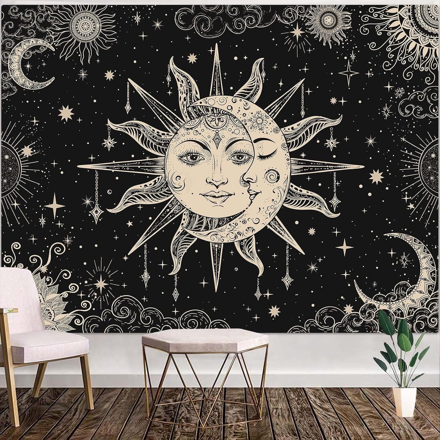 Lunerfex Sun and Moon Tapestry Mandala Wall Tapestry, Vintage Tapestries for Bedroom Ceiling Tapestries Wall Hanging for Bedroom Living Room Decor Sun-2 60"x80"
