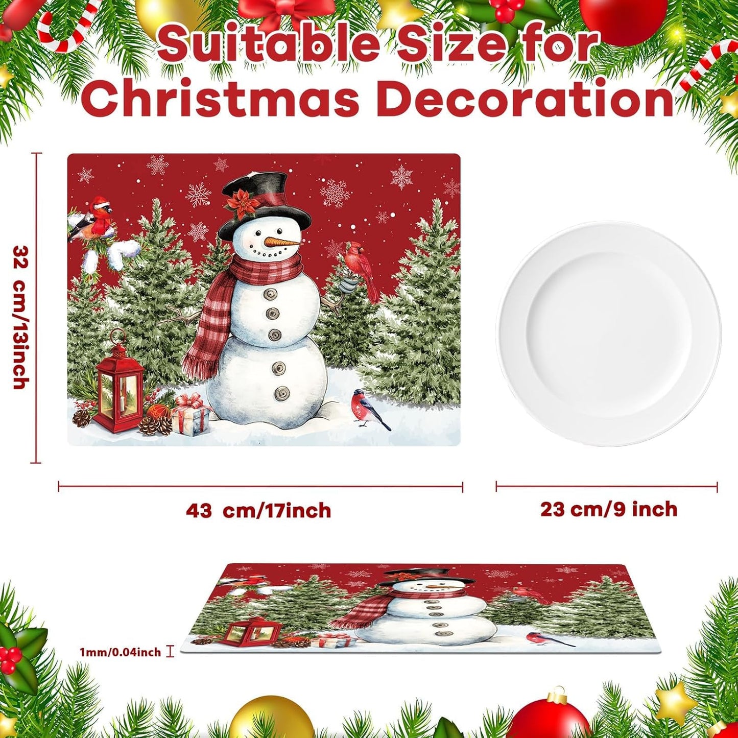 Winter Christmas Placemats Set of 6 Red Blue Snowman Plastic Table Mats Christmas Tree Birds Place Mats Washable Vinyl Seasonal Winter Table Decoration for Indoor Outdoor Party Kitchen Dining
