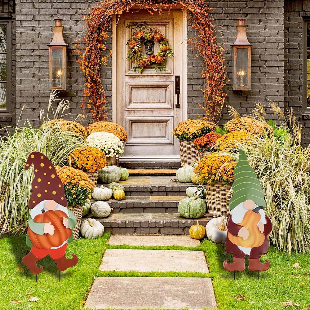 YEAHOME Fall Decorations for Home Outdoor, 2 Pack 25" Decorative Garden Stakes with Gnomes Pumpkin for Fall Decor, Metal Yard Signs for Outside Garden Lawn Porch Patio Thanksgiving Decorations
