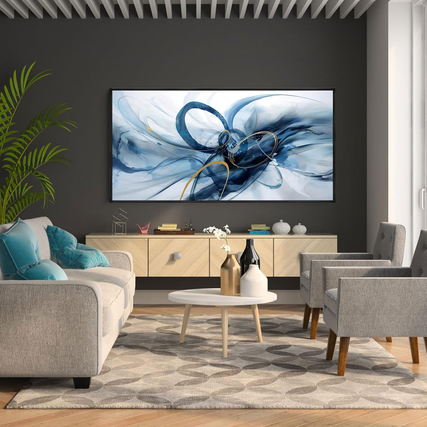 XLSJERST Large Wall Art - Blue and White Picture for Living Room Modern Abstract Canvas Wall Decor Artwork for Office Bedroom Home Decoration