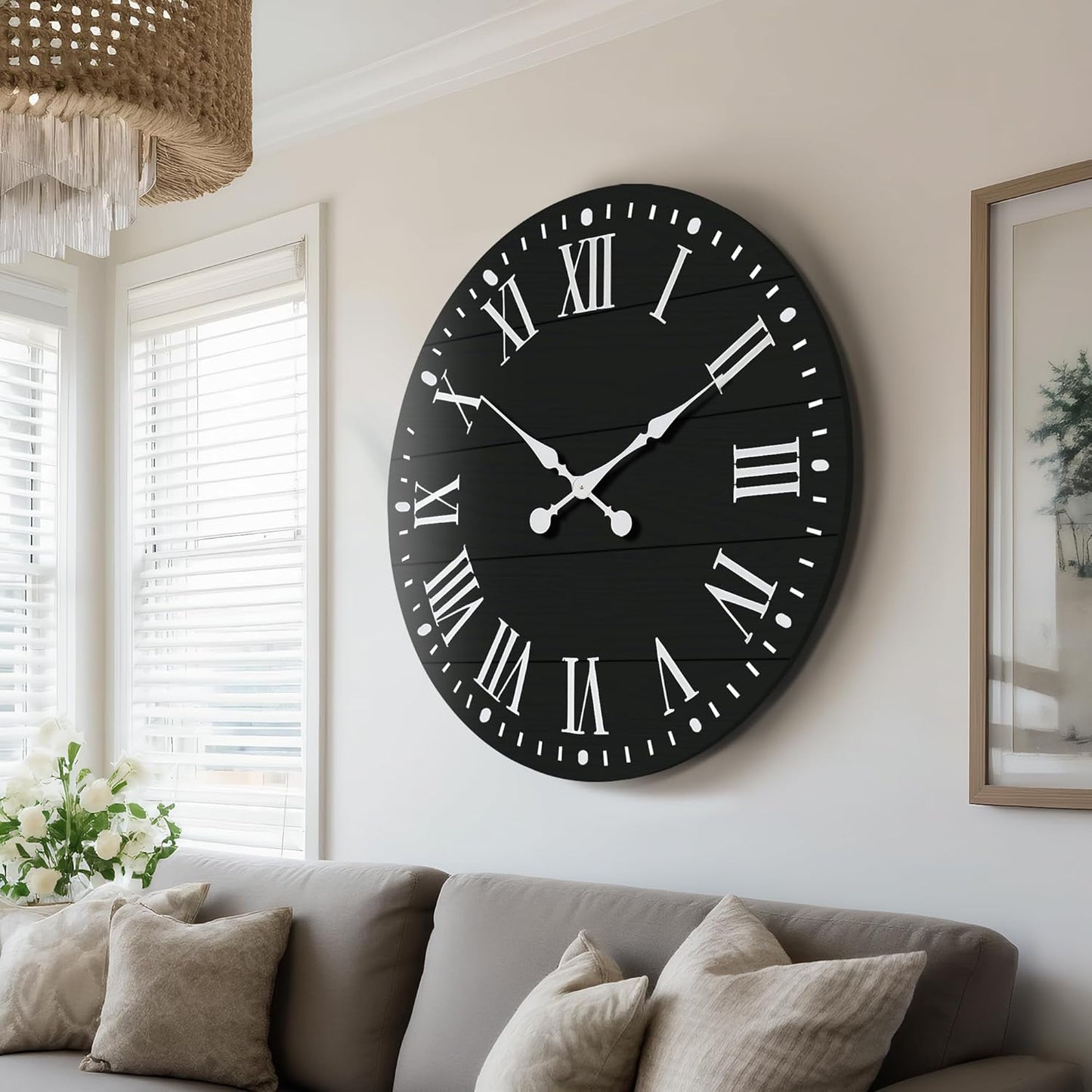Large Wall Clock with Roman Numeral, 35” Shiplap Wall Clock Farmhouse Nearly Non-Ticking, Round Clock for Living Room Decor, Office, Bedroom, Entrance, Black