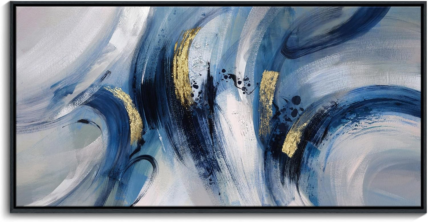 Abstract Line Art Framed Canvas - Modern Blue and Grey, Large 24x48 Inches, Minimalist Bedroom & Living Room Art, Ready to Hang