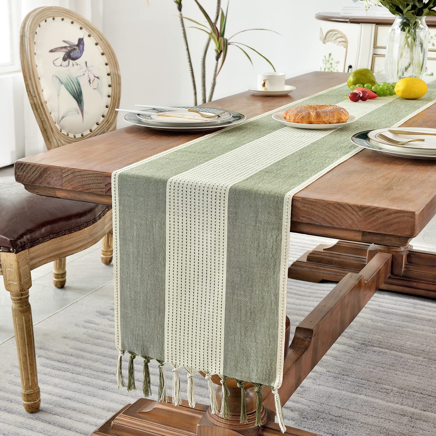 Wracra Farmhouse Macrame Linen Table Runner for Dining, Wedding, & Dresser Decor – Sage Green – Available in 6 Sizes!
