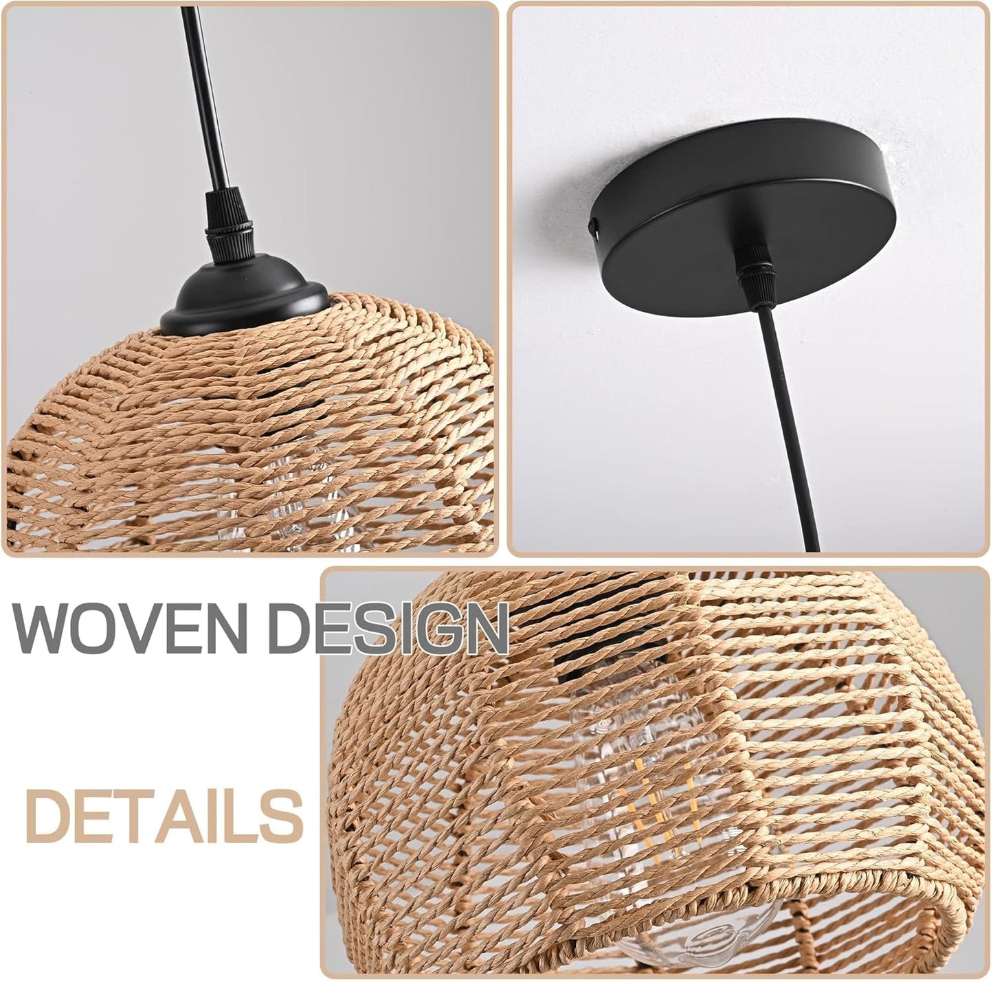 Mini Hemp Rope Woven Pendant Light Woven Light Fixture Boho Chandelier Light Fixture Wicker Pendant Light Rattan Light Pendant Dome Wicker Chandelier for Bedroom Kitchen Island(Bulb Incl.)