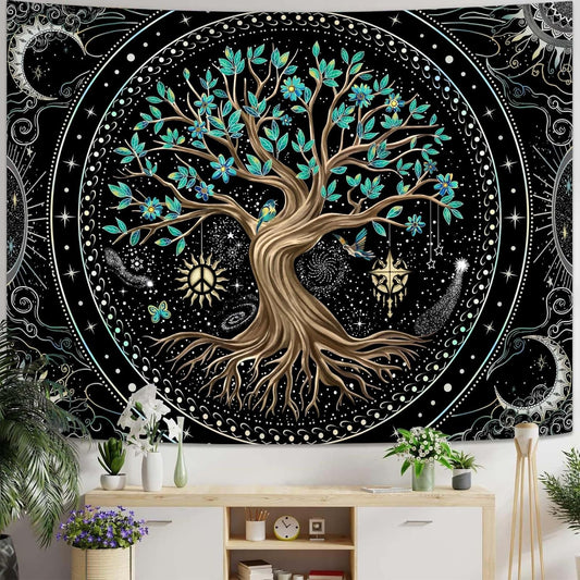 Lunerfex Tree of Life Tapastry Butterfly Moon Tapastry Flower Green Tree Tapestries Mandala Wall Hanging for Bedroom and Living Room Decor 70×90 Inches