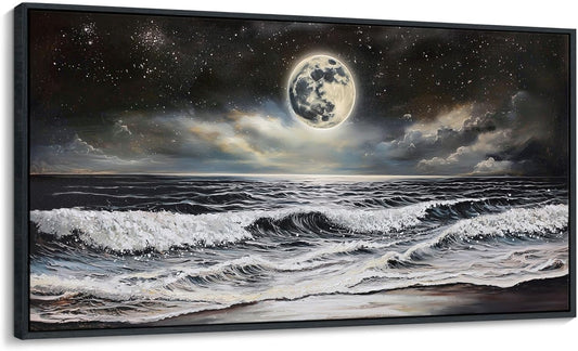 QZQCBLC Large Wall Art Bedroom, Black and White Sea Beach Canvas Wall Pictures, Waves Moon Starry Clouds Coast Paintings Artwork for Living room Home Office Artwork Framed Decor 29x58 IN